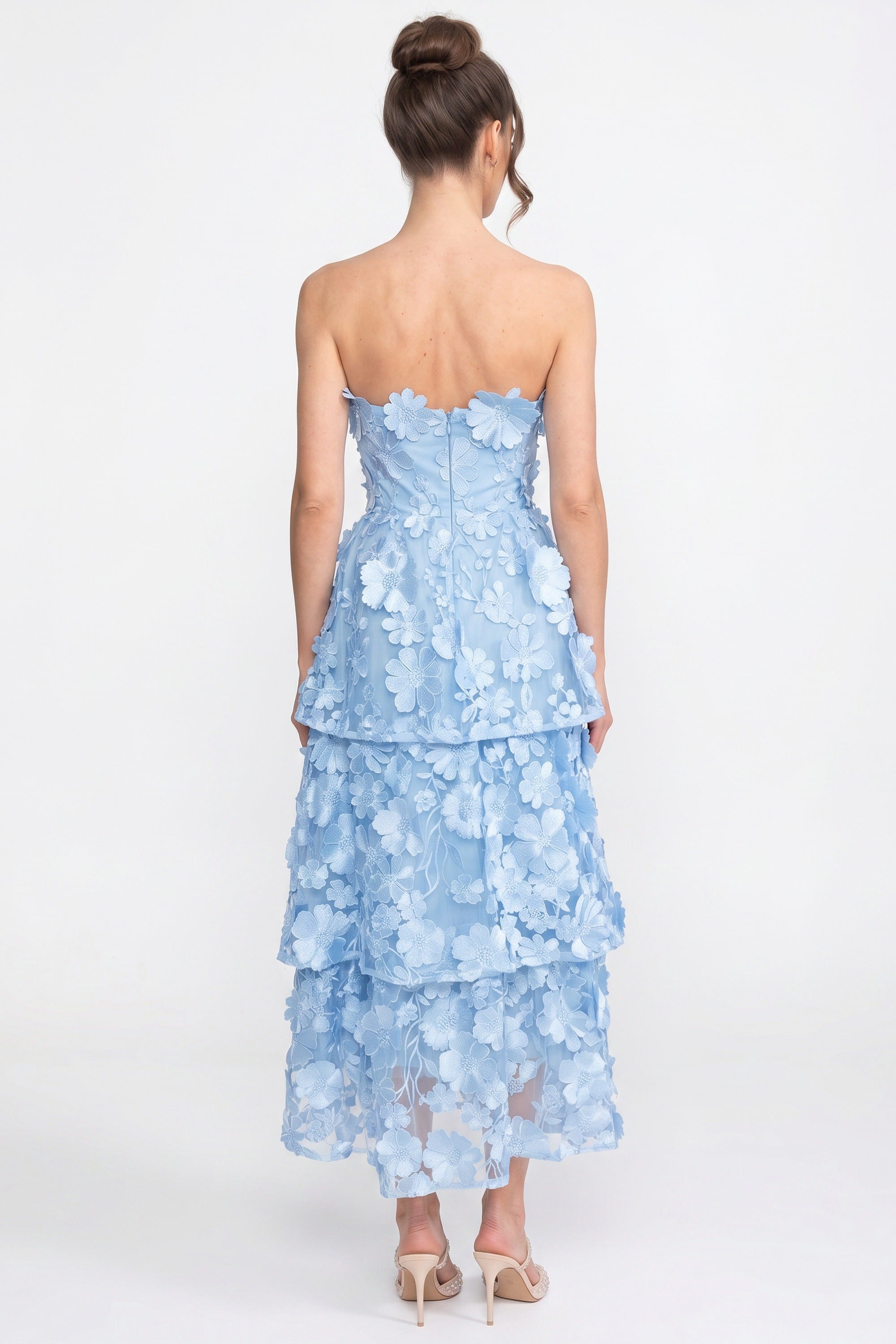 Layered Sheer Dress With Fitted Waist And Floral Appliques - Light Blue
