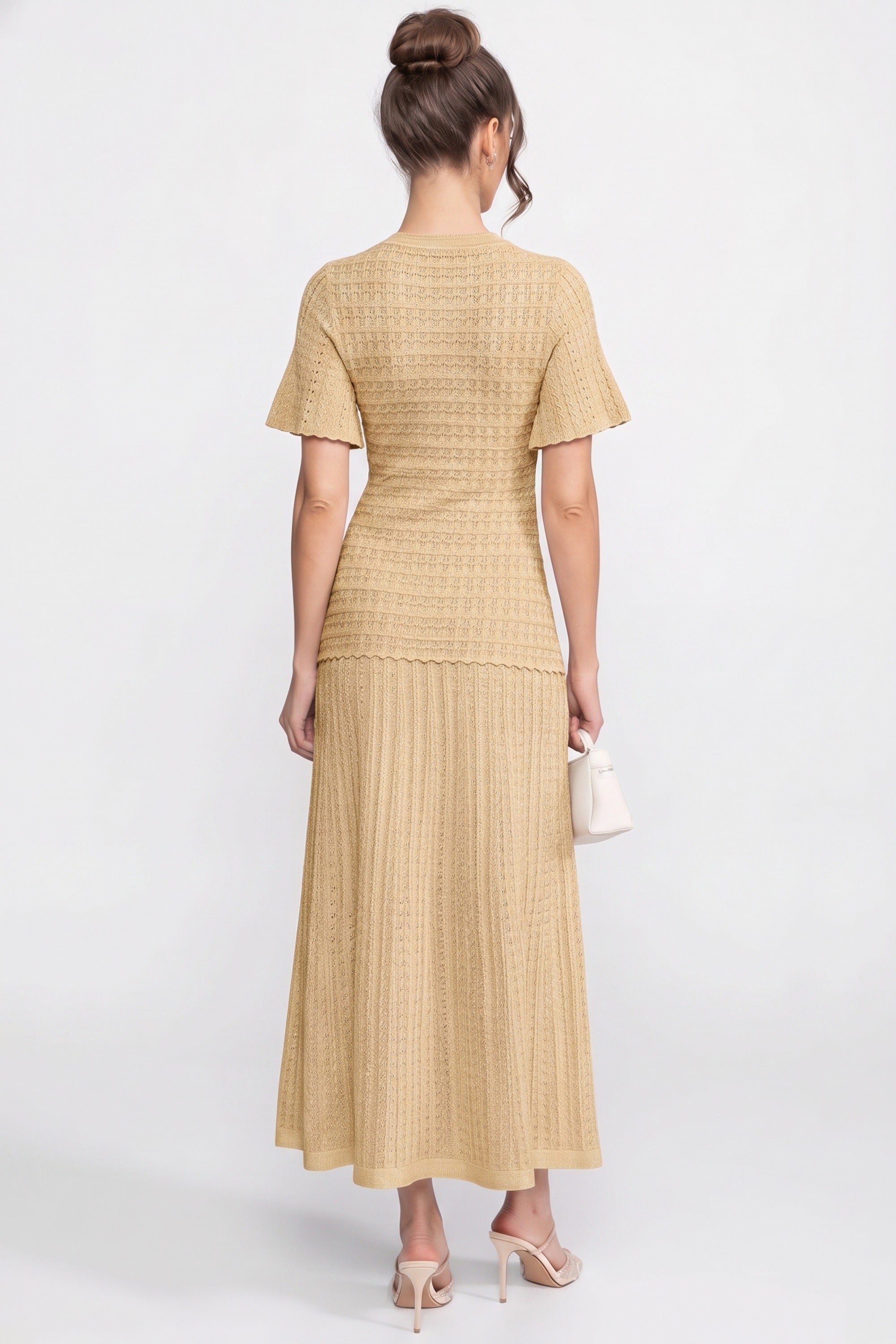 Short Sleeve Midi Dress With Shimmer Knit Texture - Beige