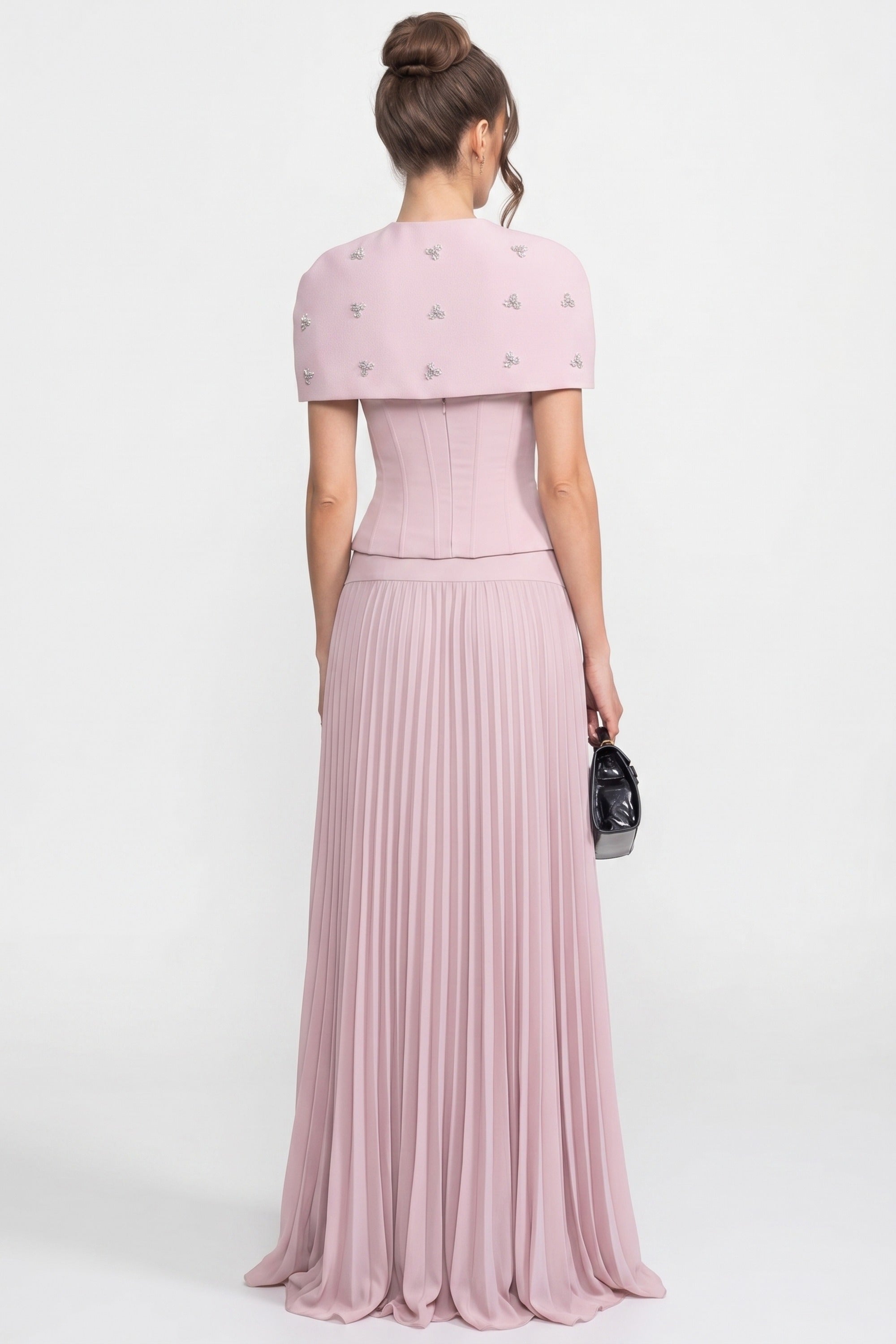 3-Piece Co-Ord Set With Ruched Top, Detachable Cape And Maxi Skirt - Pink