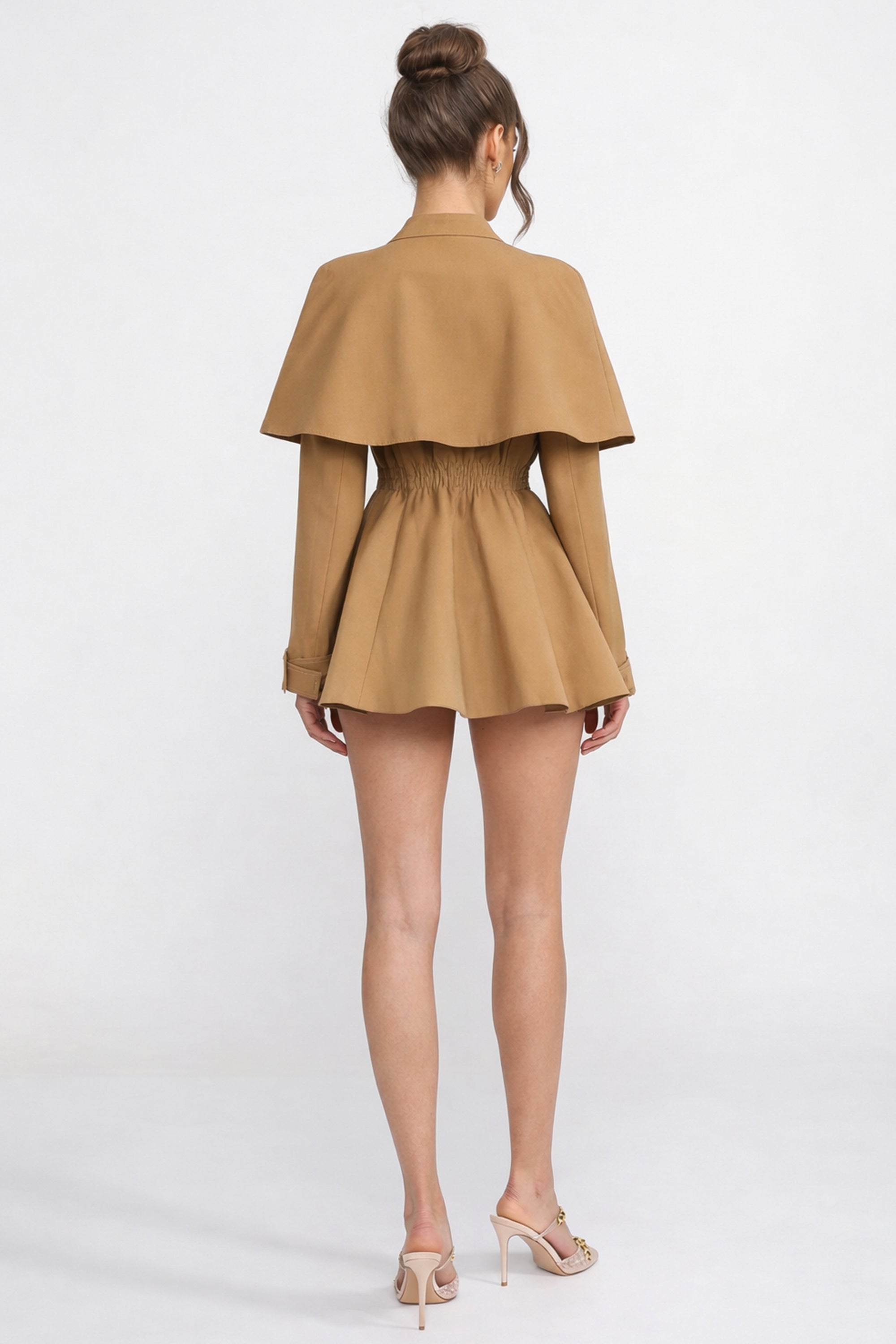 Button-Front Coat-Dress With Structured Cape Overlay - Khaki