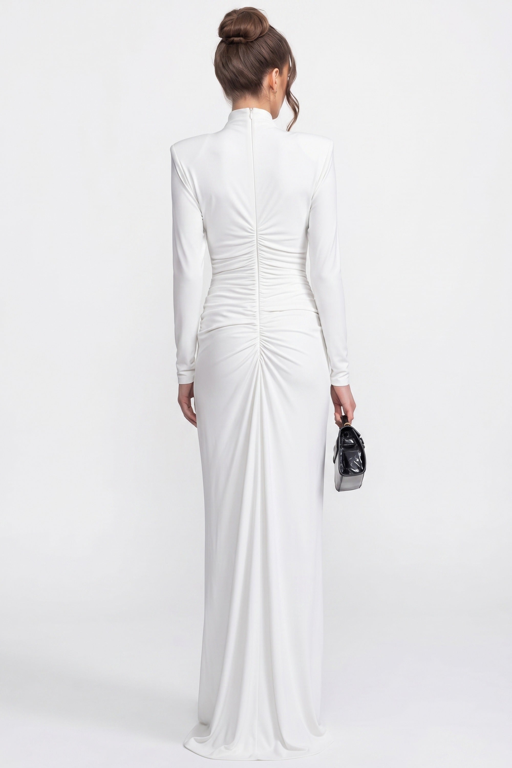High-Neck Long-Sleeve Ruched Mermaid Gown With Diagonal Drape - White