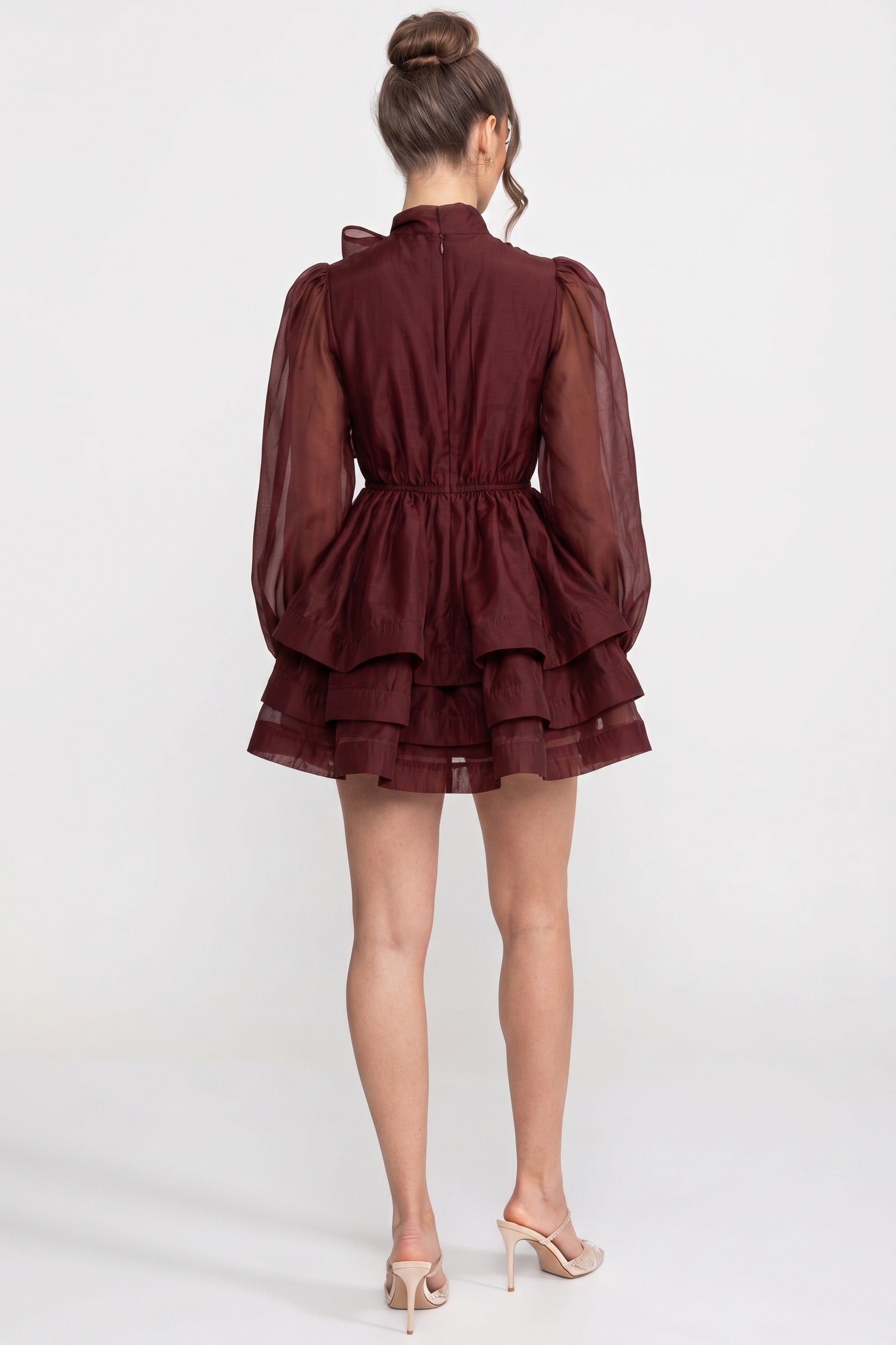 High-Neck Puff-Sleeve Mini Dress With Tiered Ruffle Skirt And Bow - Wine