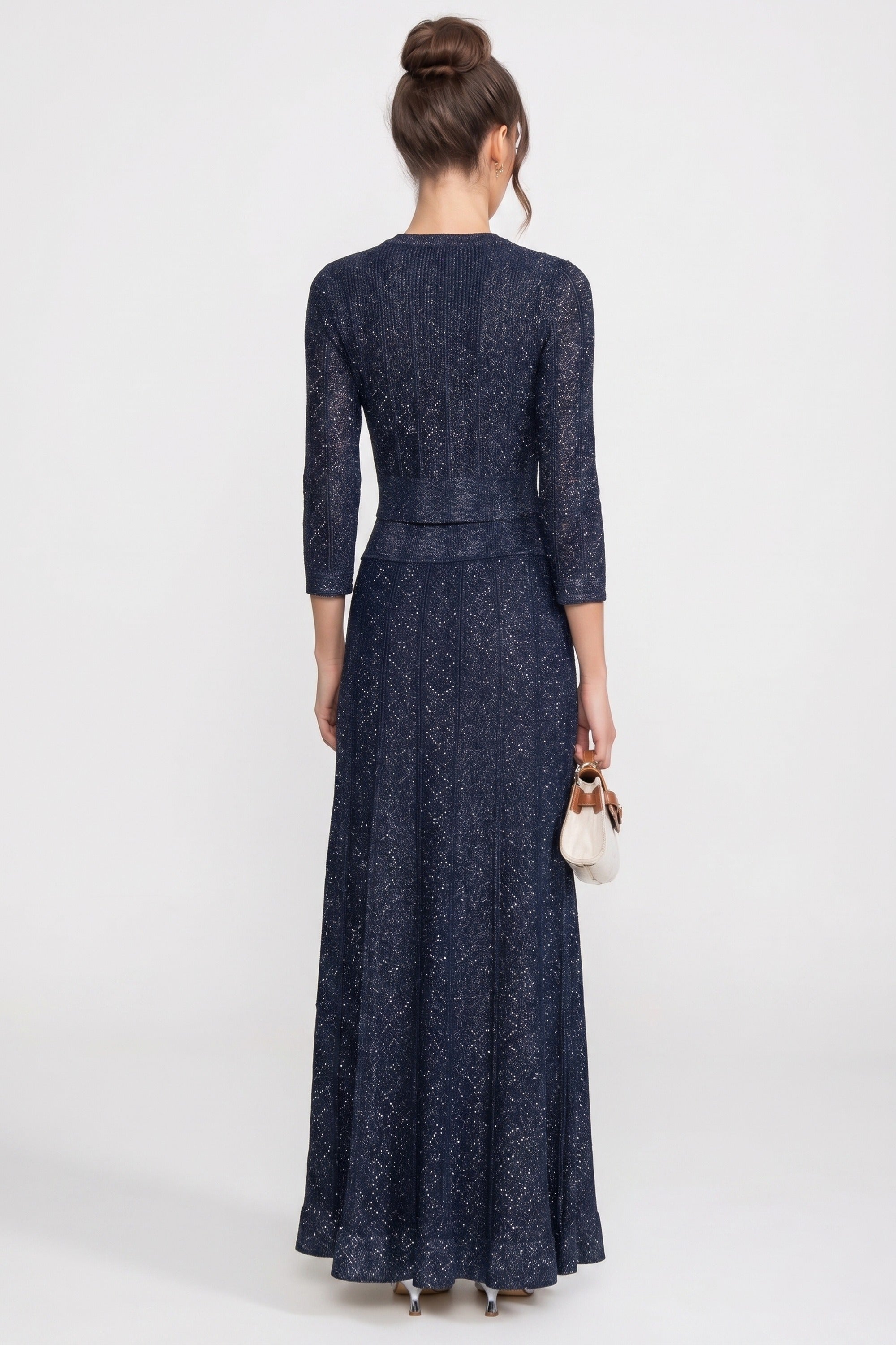Long-Sleeve Diamond-Pattern Lace Co-Ord Set With Maxi Skirt - Navy