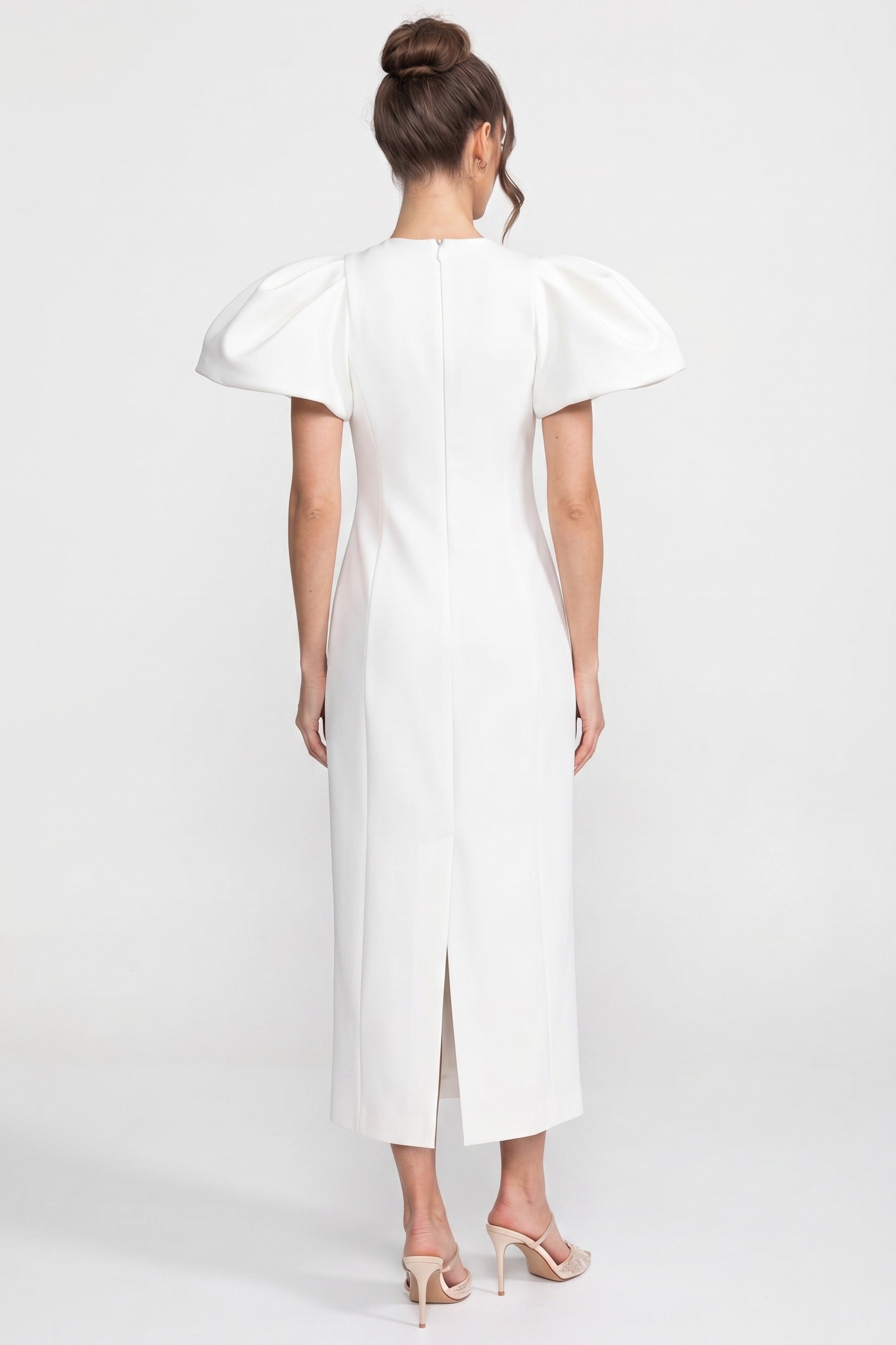 Structured Shoulder Maxi Dress With 3D Iris Floral Appliqué - White