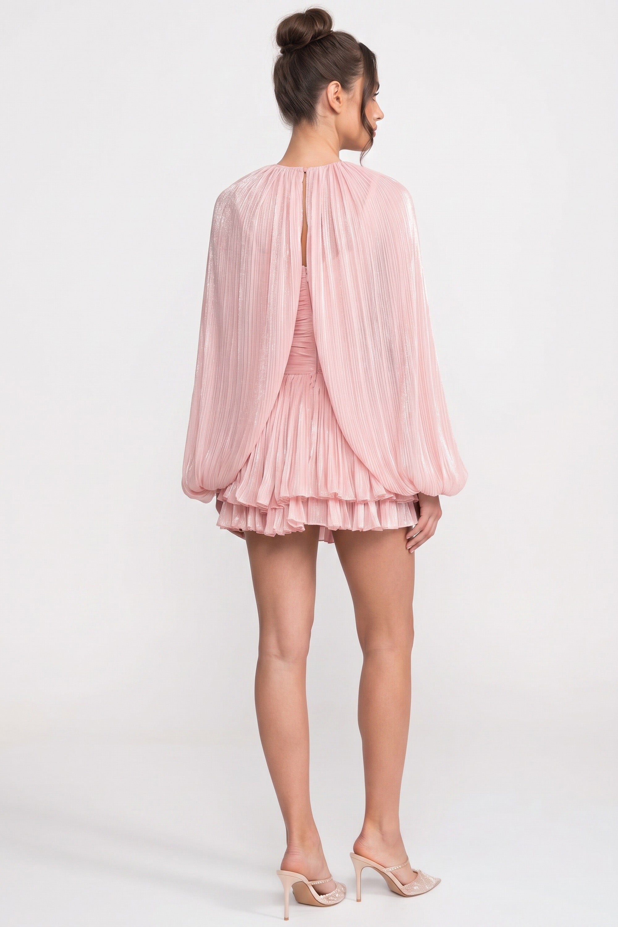 High-Neck Balloon-Sleeve Mini Dress With Pleated Skirt - Pink