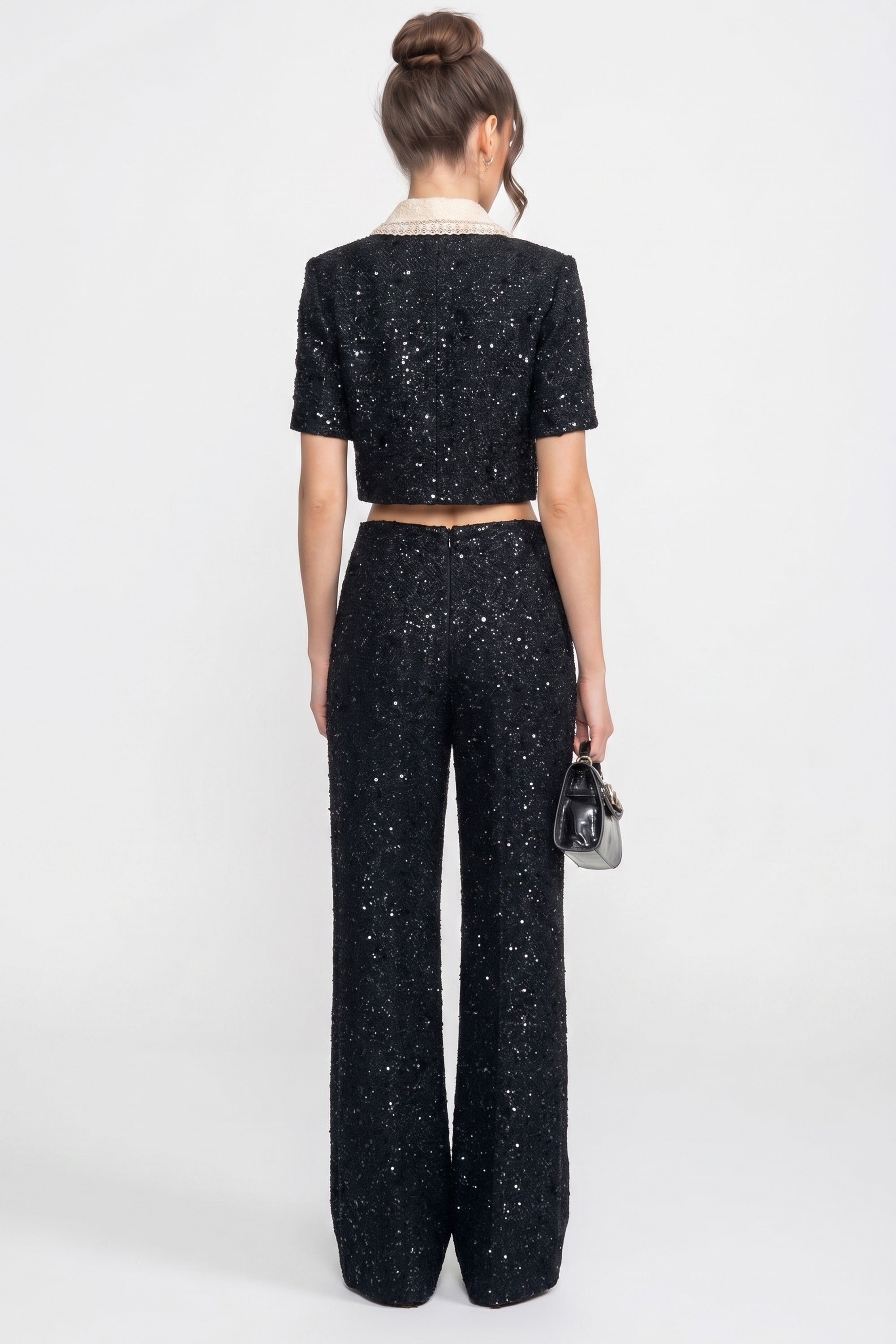 Wide-Leg Tweed Trousers With Sequin Detail - Black