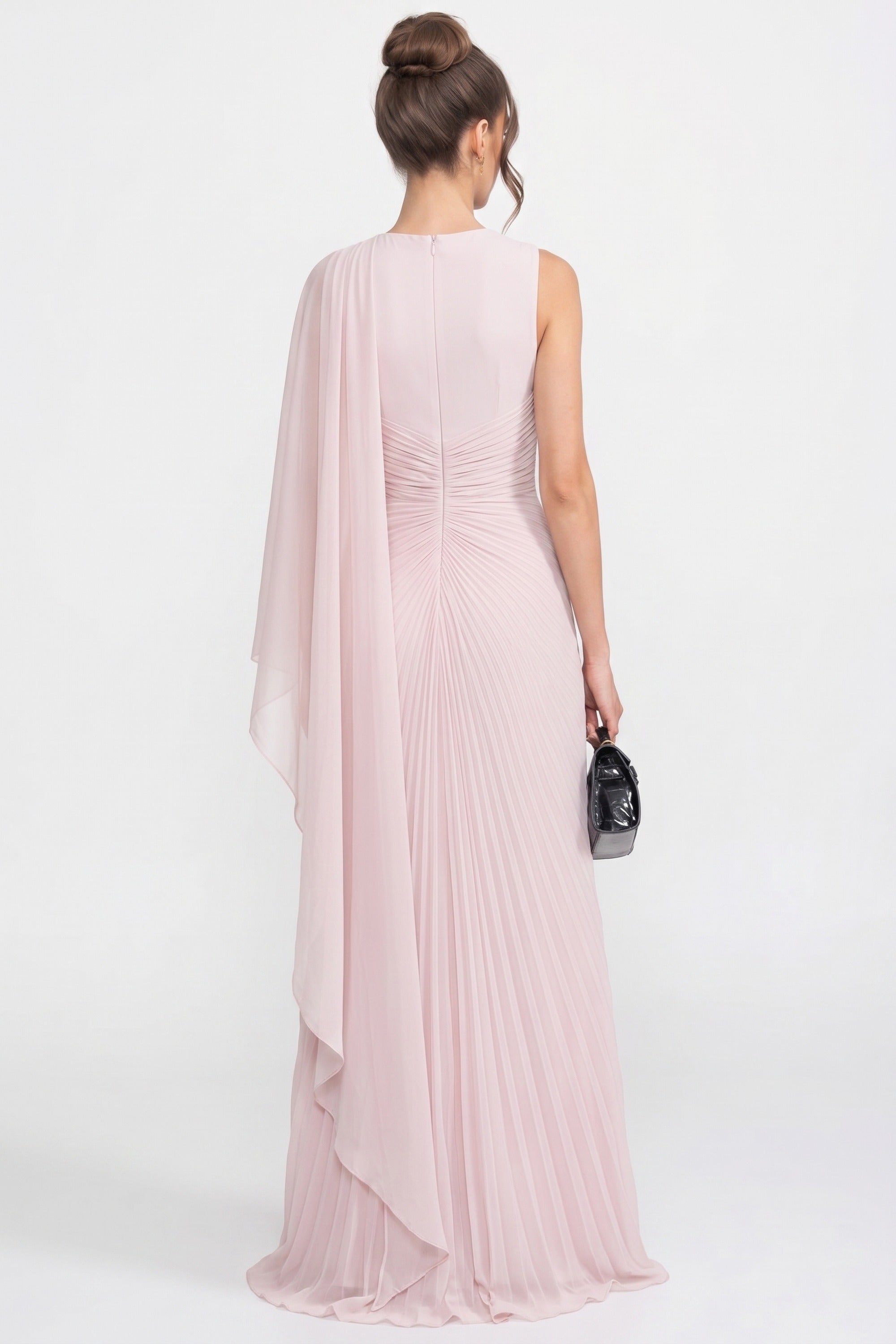One-Shoulder Draped Maxi Dress With Sheer Scarf Detail - Pink