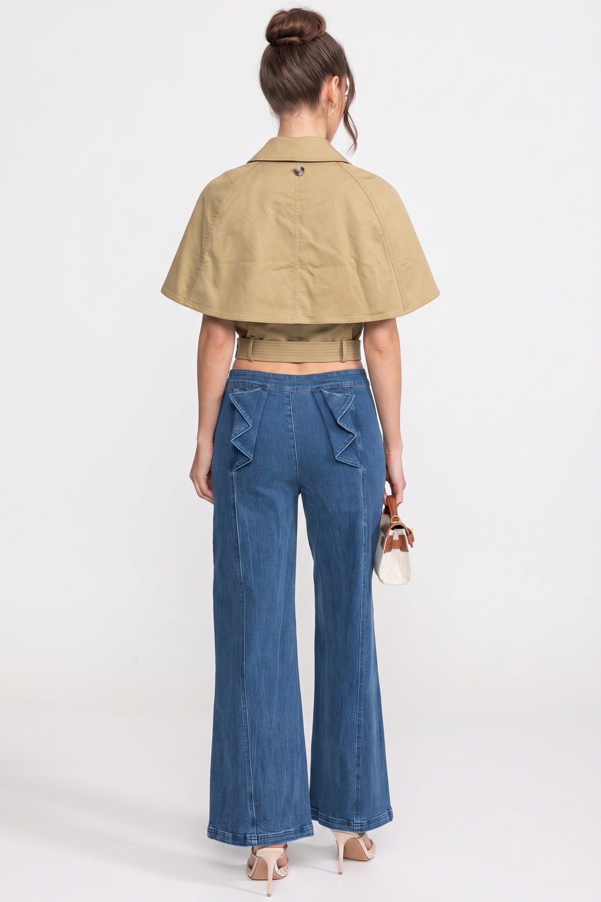 Double-Breasted Top With Spread Collar And Detachable Cape - Khaki