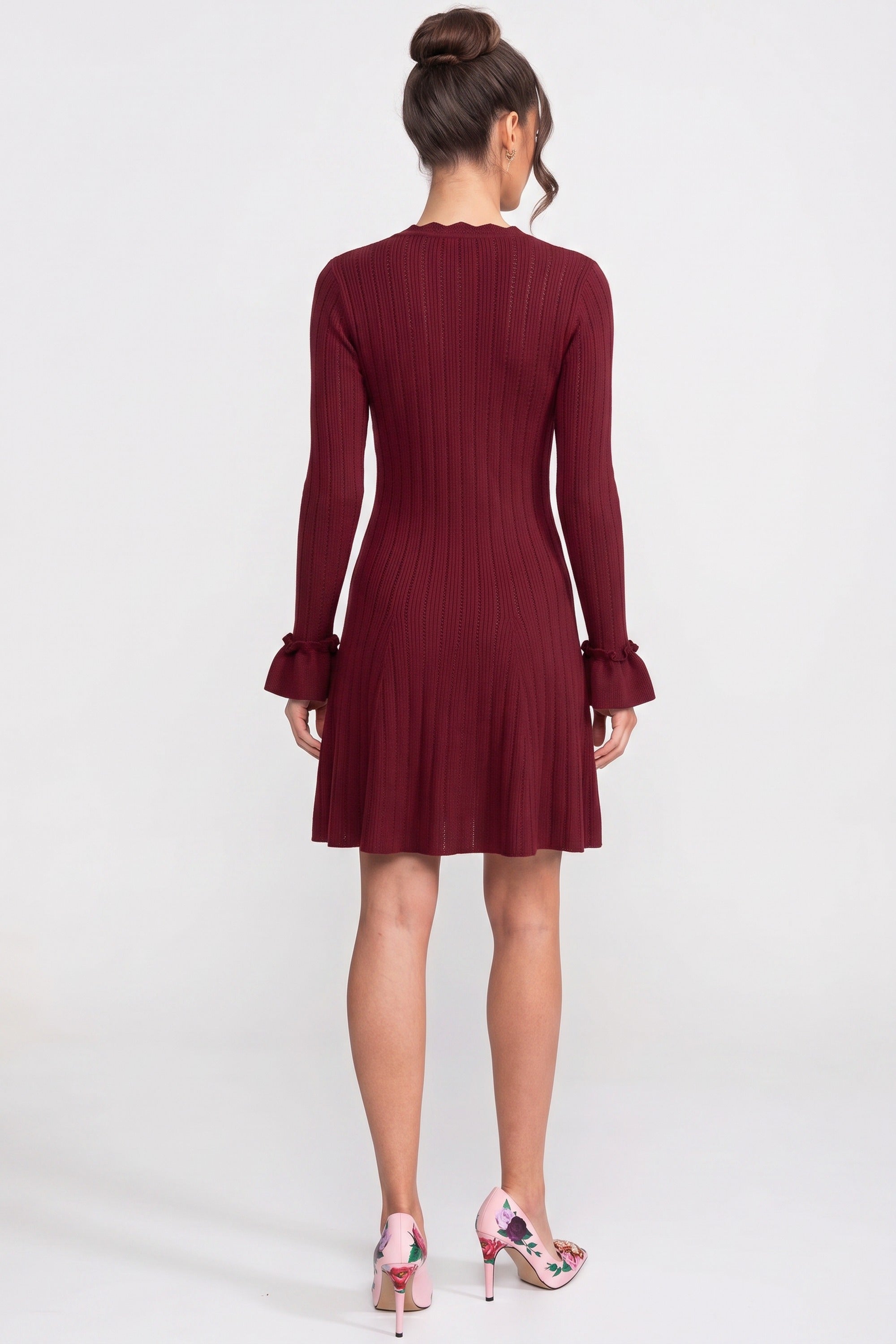 Long-Sleeve V-Neck Knit Mini Dress With Ruffle Hem And Bow Cuffs - Burgundy
