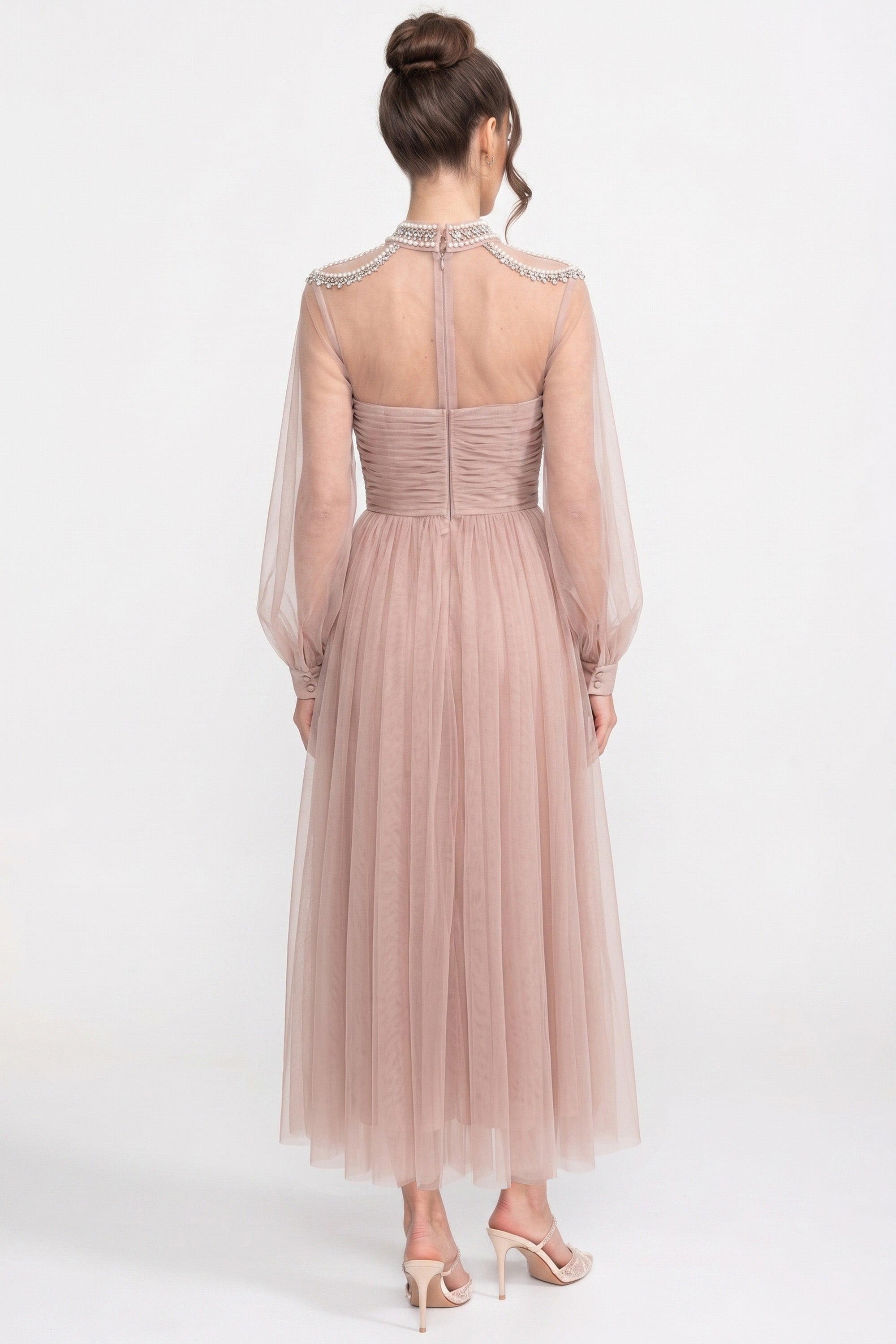 Elegant Dress With Long Sleeves, High Neckline And Ruched Bodice - Peach