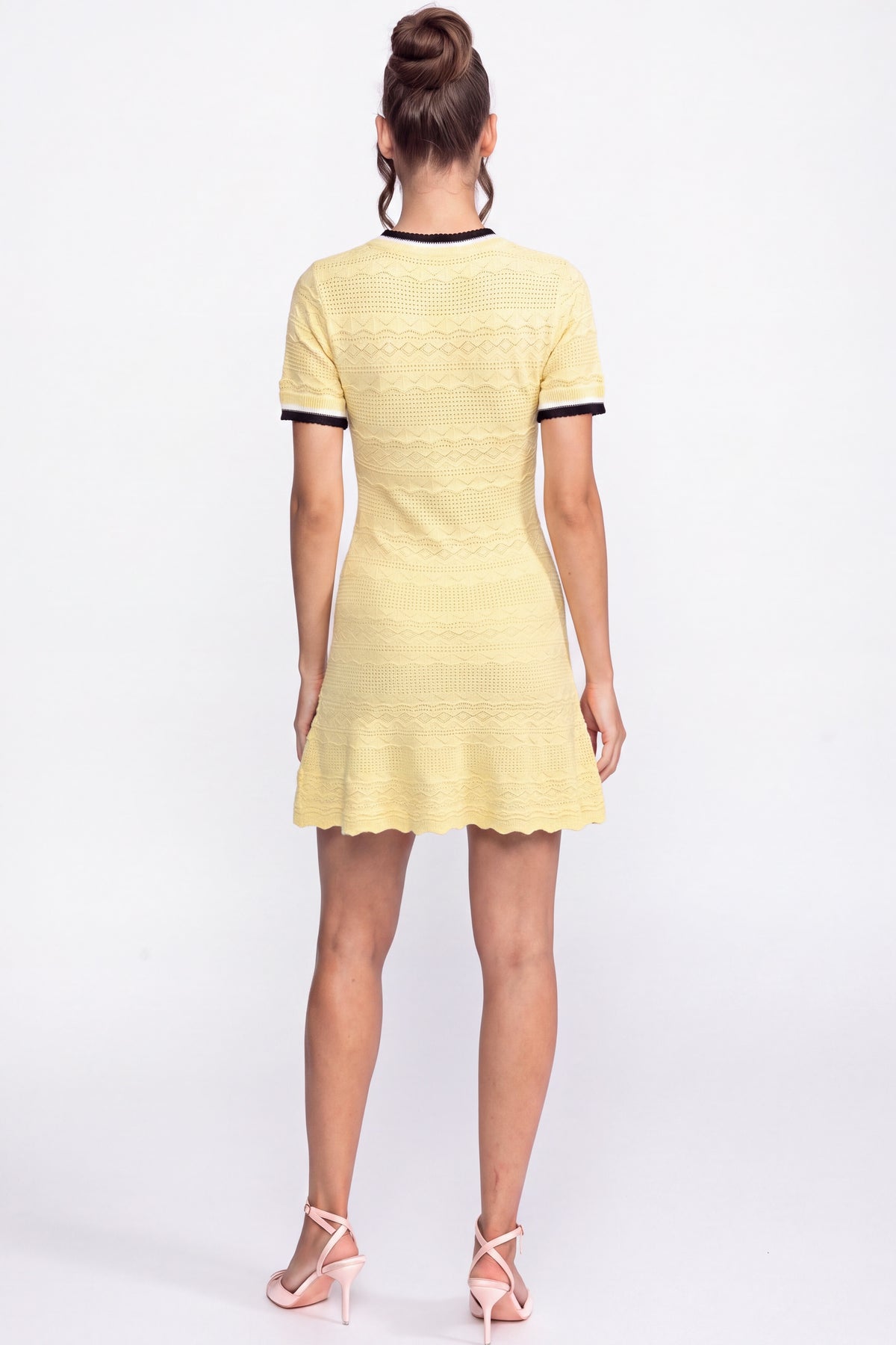 Contrast Trim Knit Mini Dress With Black Bow - Yellow