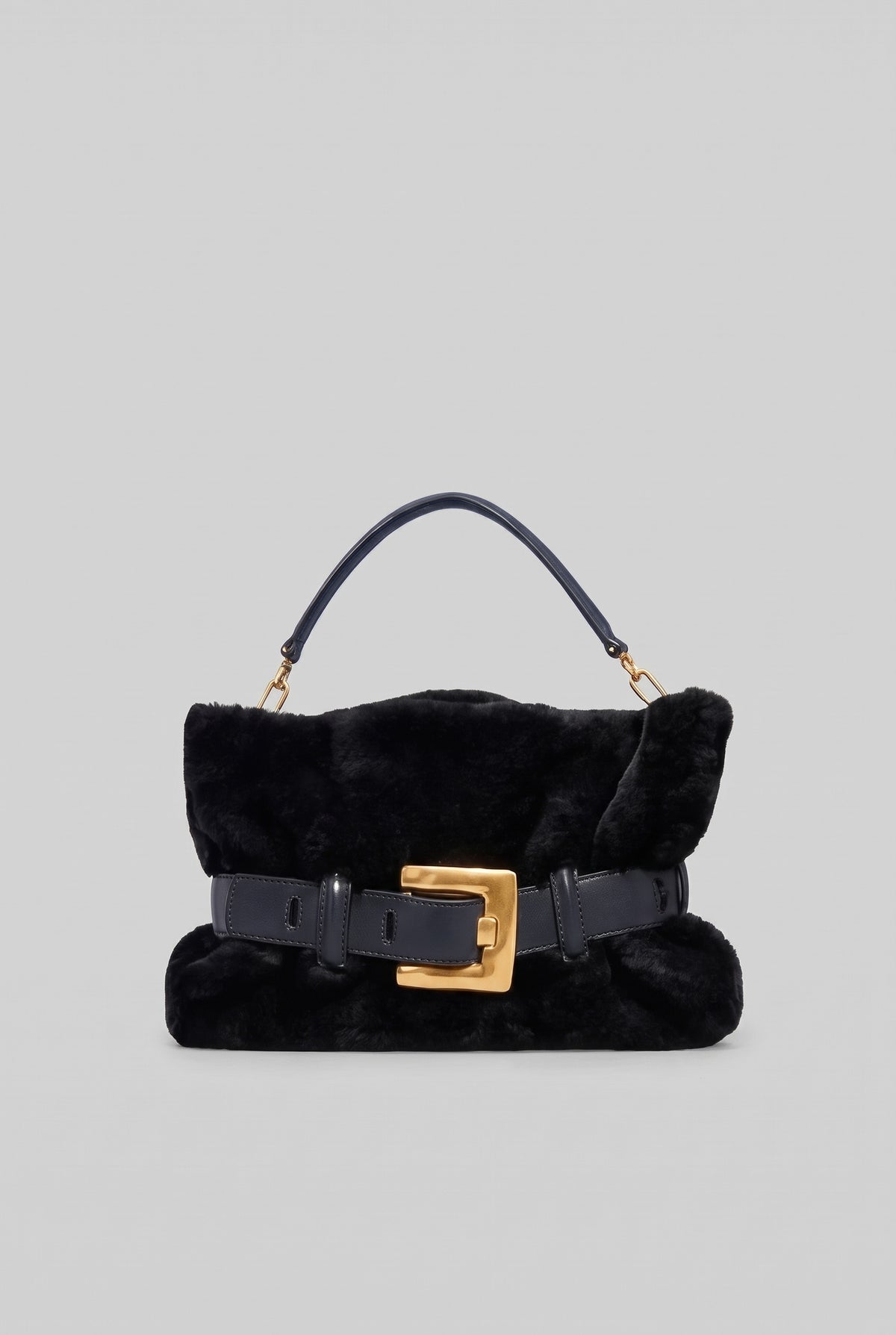 Faux Fur Handbag with Belt Buckle Detail – Black