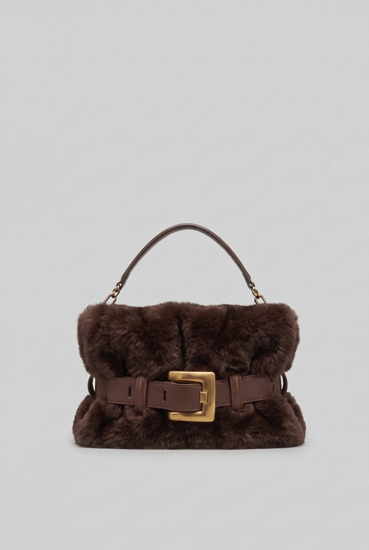Faux Fur Handbag with Belt Buckle Detail – Brown