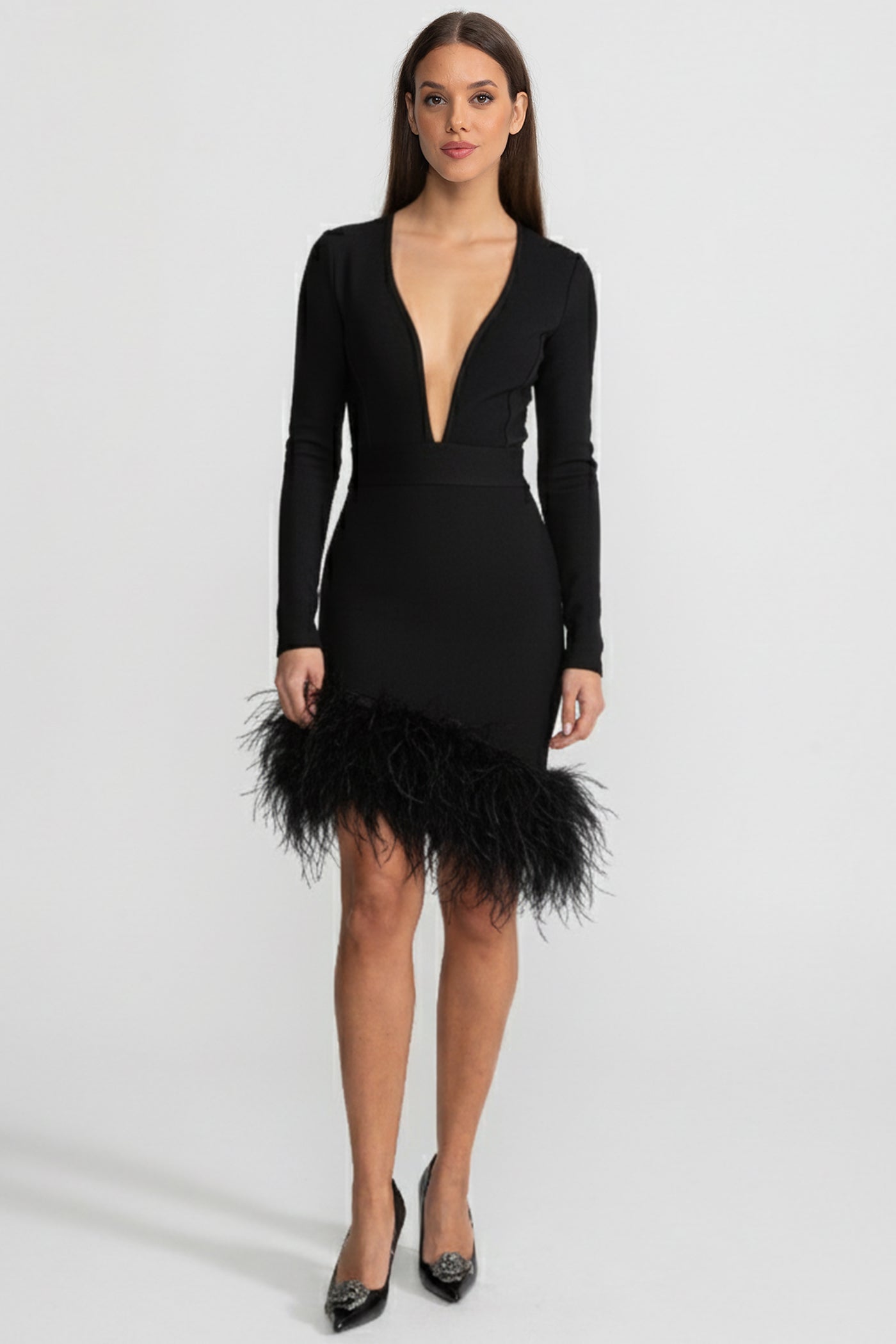 Feather Trim Mini Dress With Deep Neckline – Black