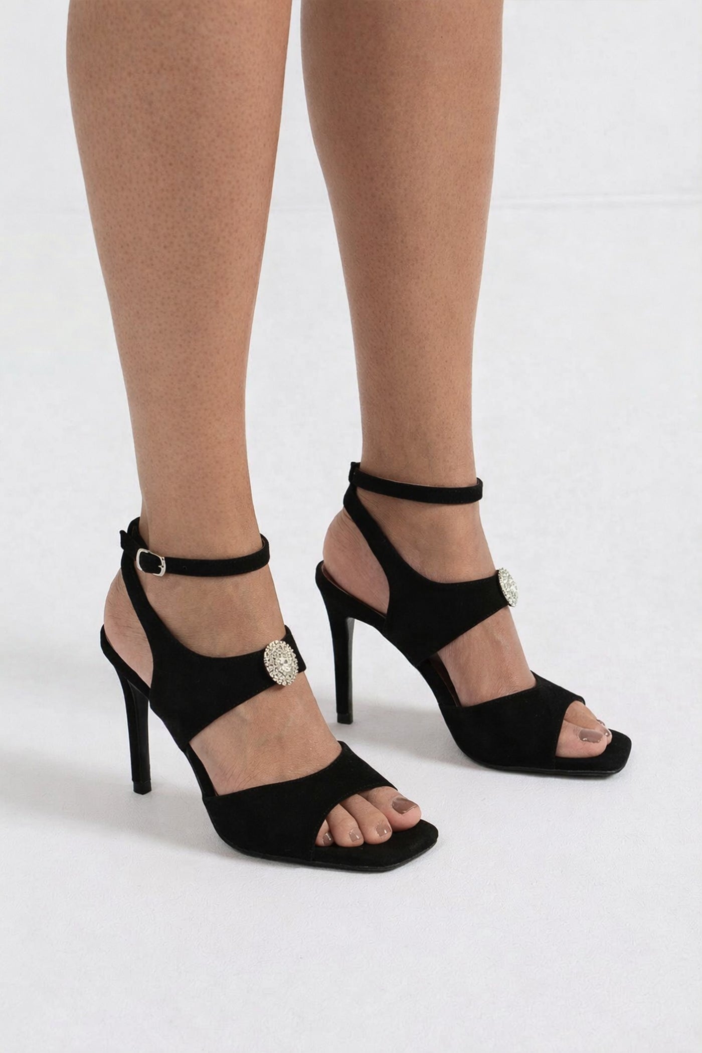 Suede High Heel Sandals With Crystal Embellished Detail - Black