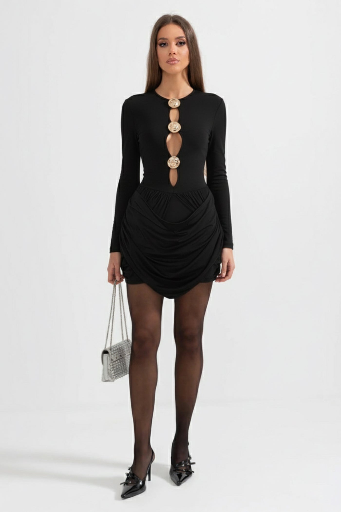 Draped Cut-Out Mini Dress with Sculptural Buttons Black, M Draped Cut-Out Mini Dress with Sculptural Buttons Black, M