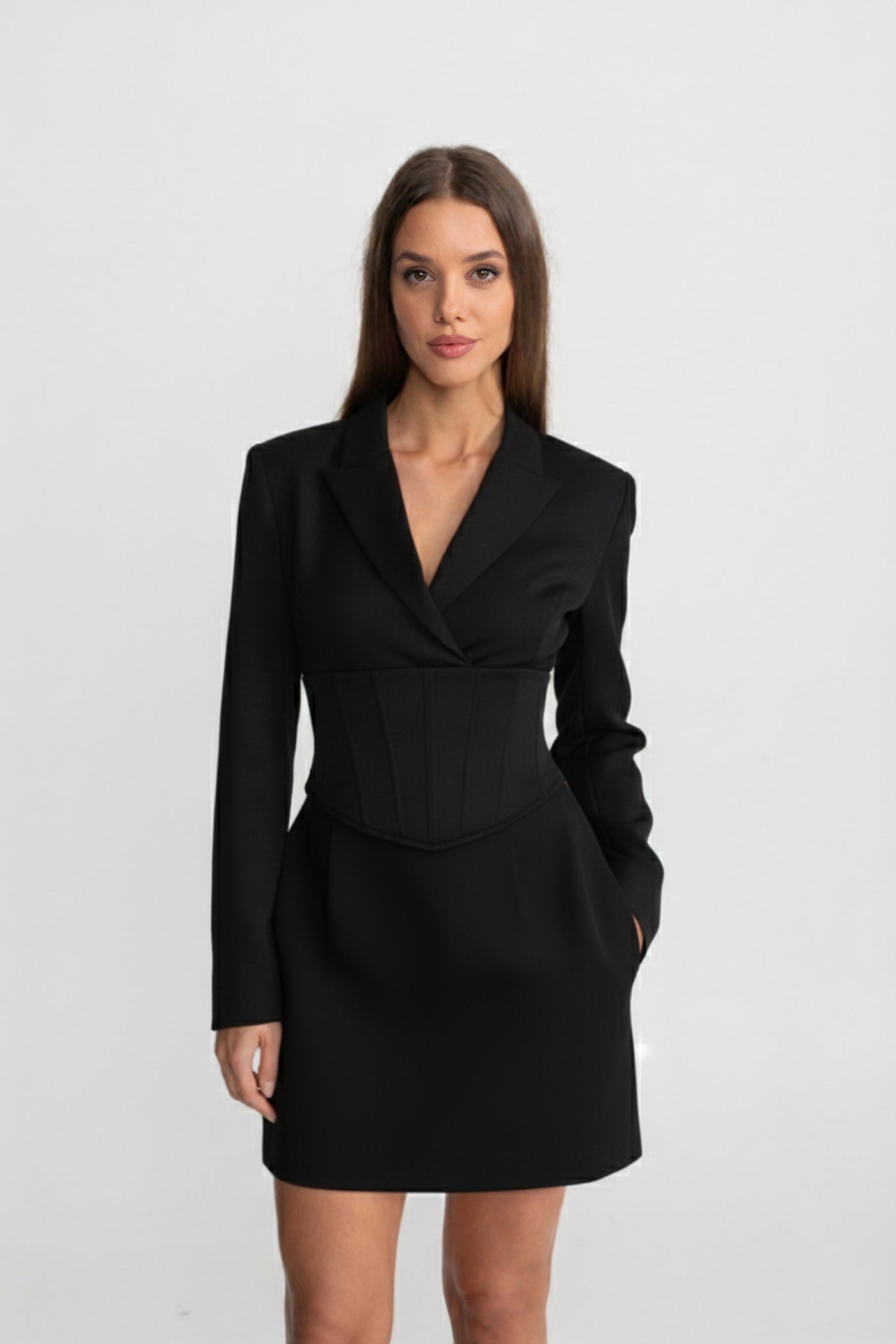 Structured Mini Blazer Dress with Corset Waist Black, Xs Structured Mini Blazer Dress with Corset Waist Black, Xs