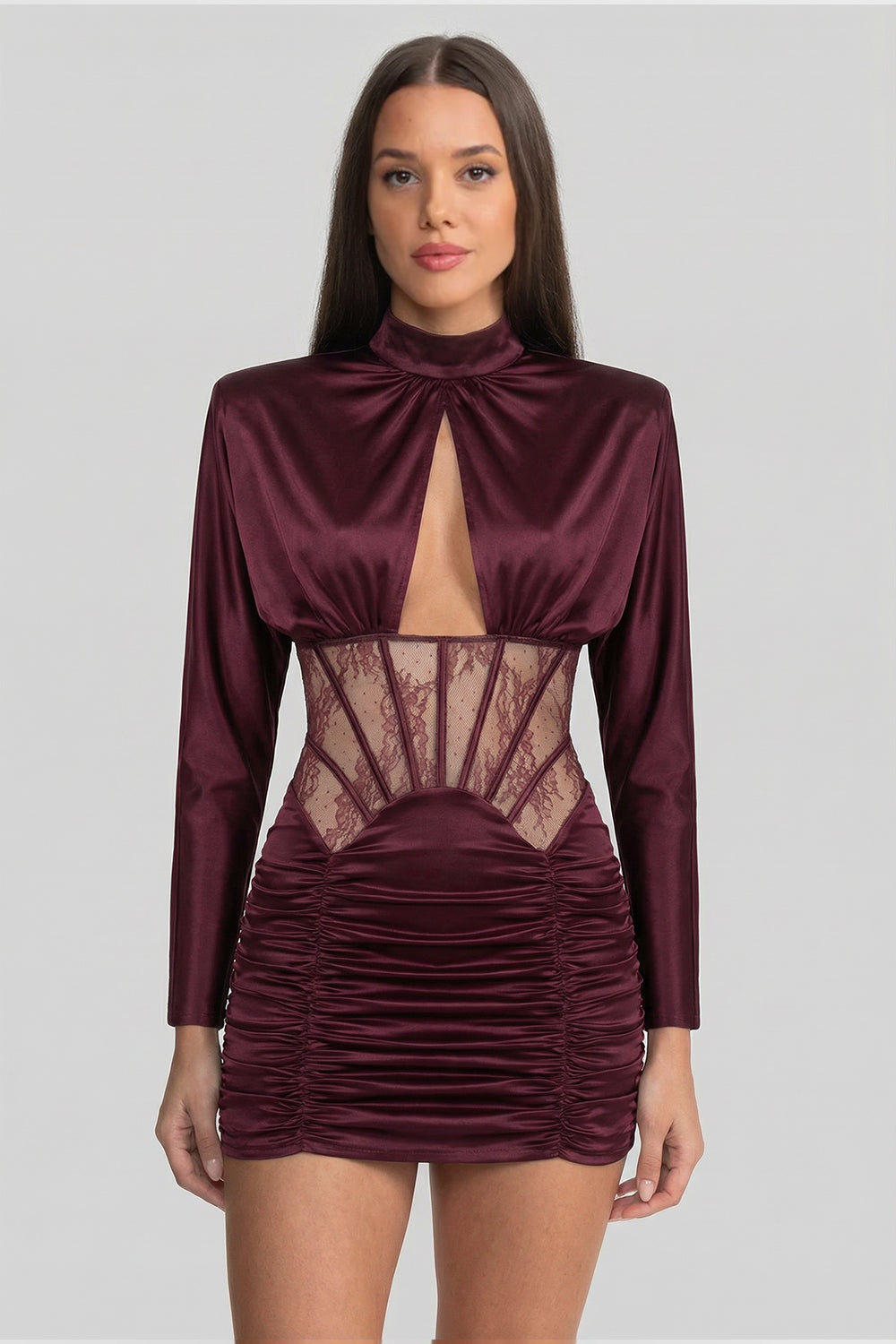 Satin Mini Dress with Lace Corset Insert  Burgundy