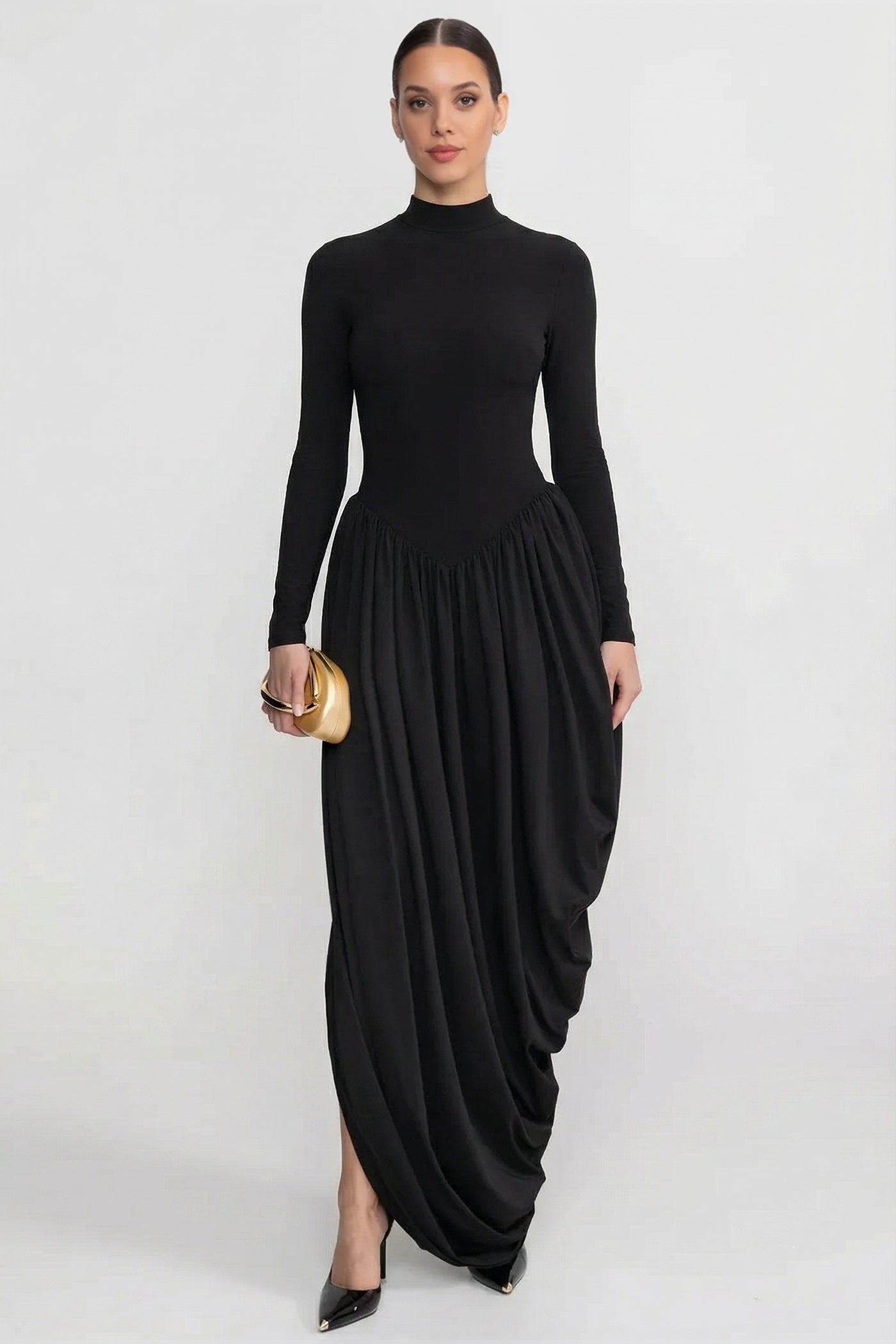 Long Sleeve Maxi Dress With Draped Skirt - Black