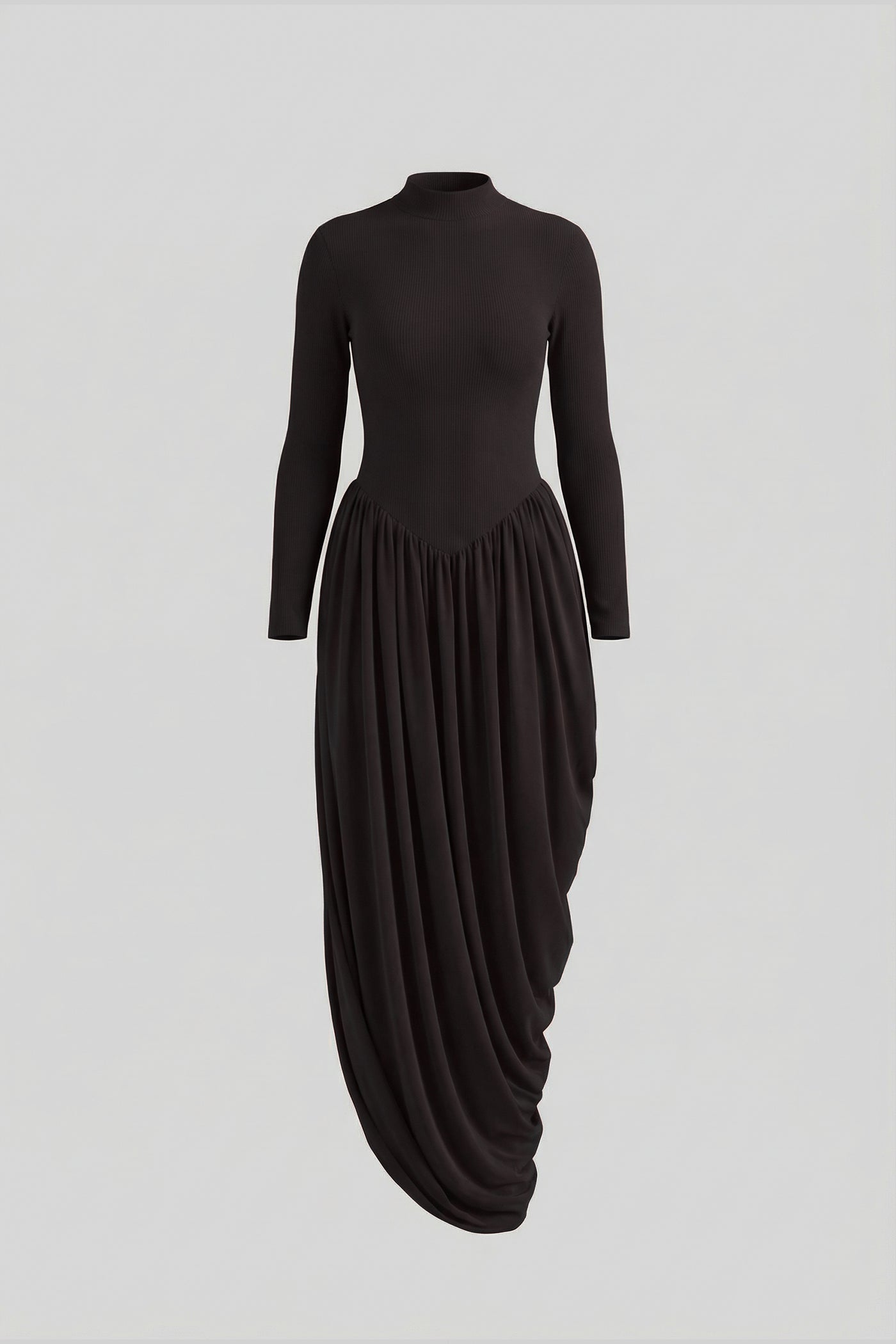 Long Sleeve Maxi Dress With Draped Skirt - Black