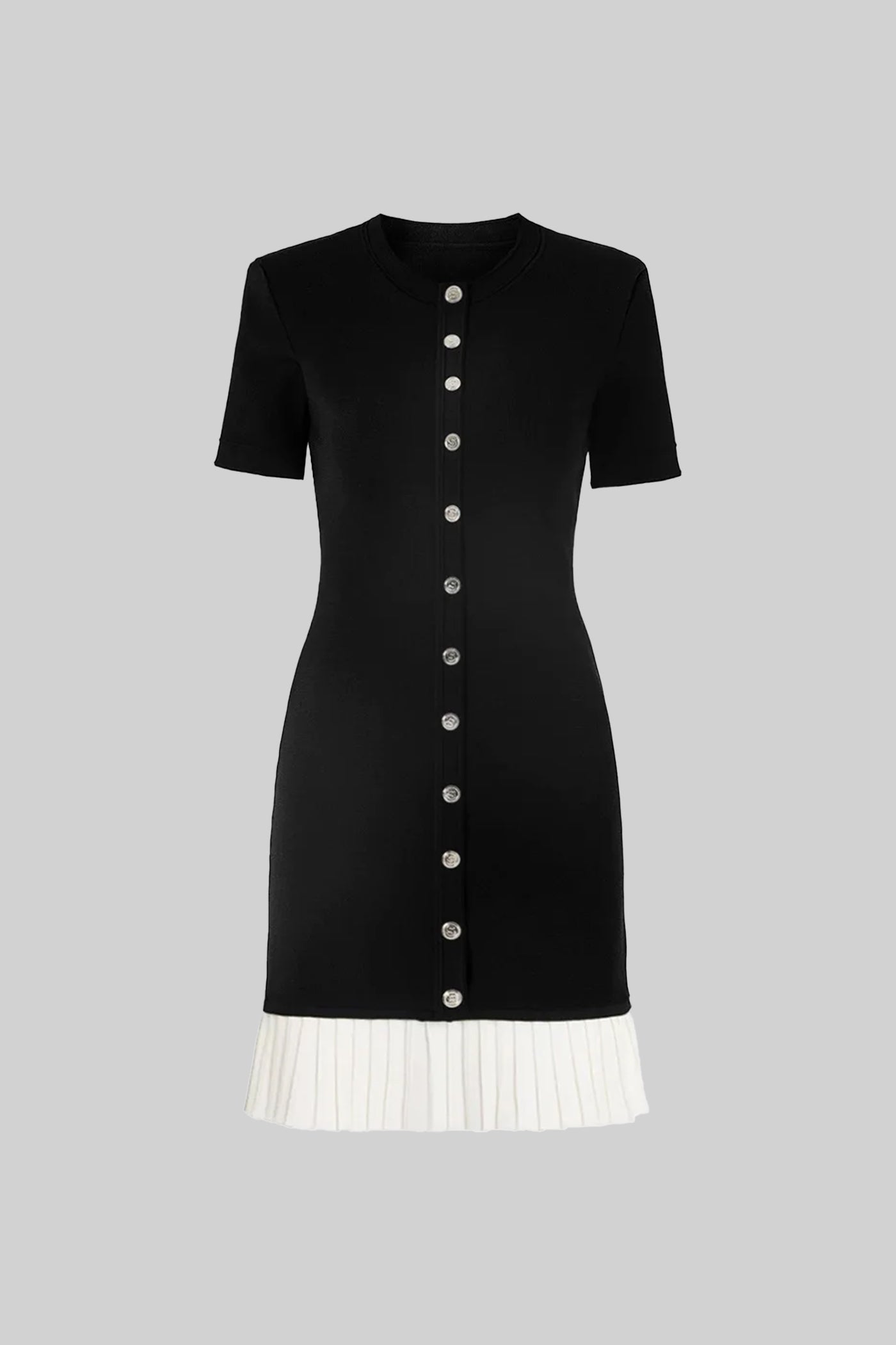 Short Sleeve Mini Dress With Contrast Pleated Hem - Black