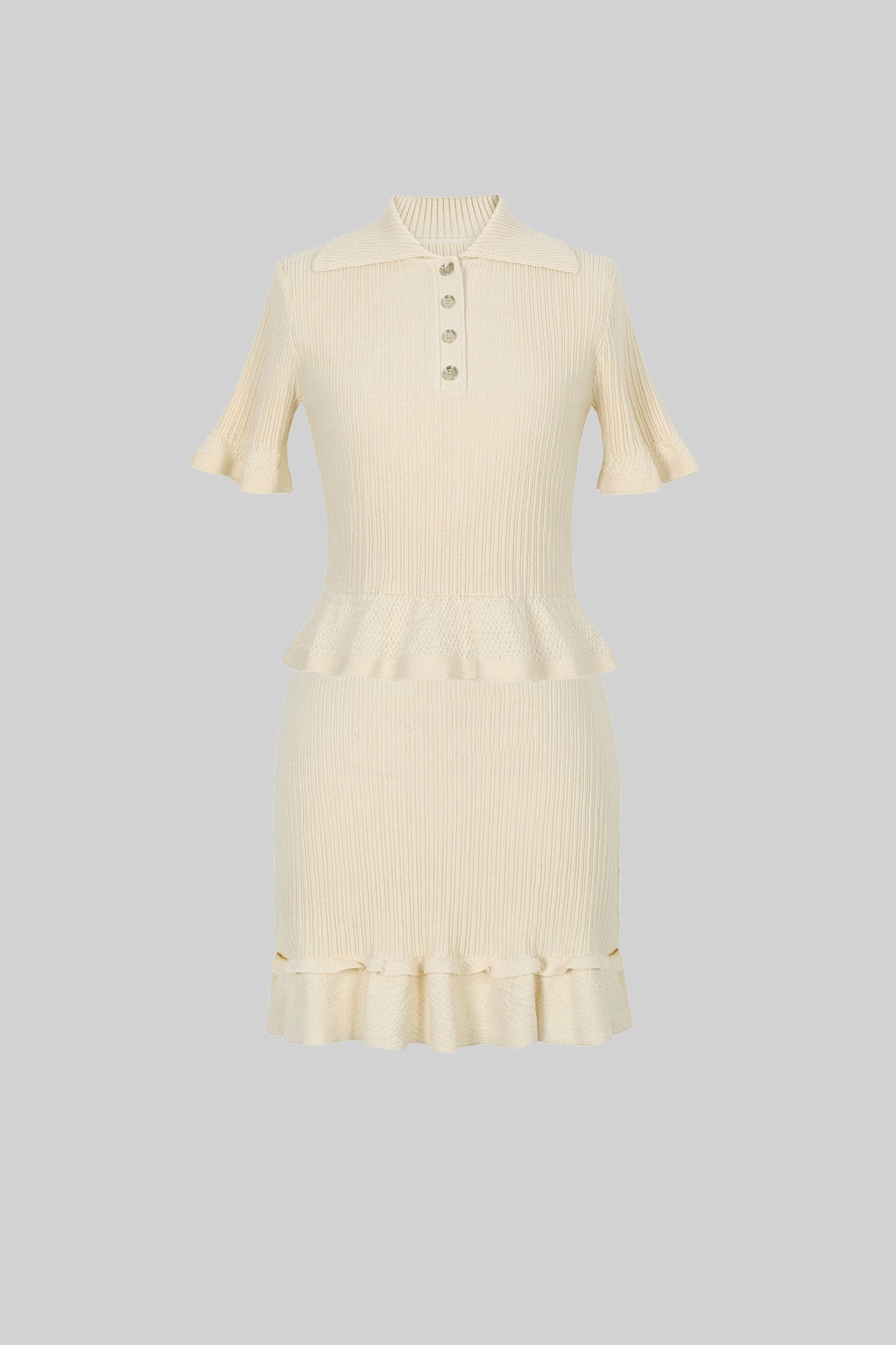 Ribbed Knit Polo Co-ord Set With Ruffled Hem - Beige