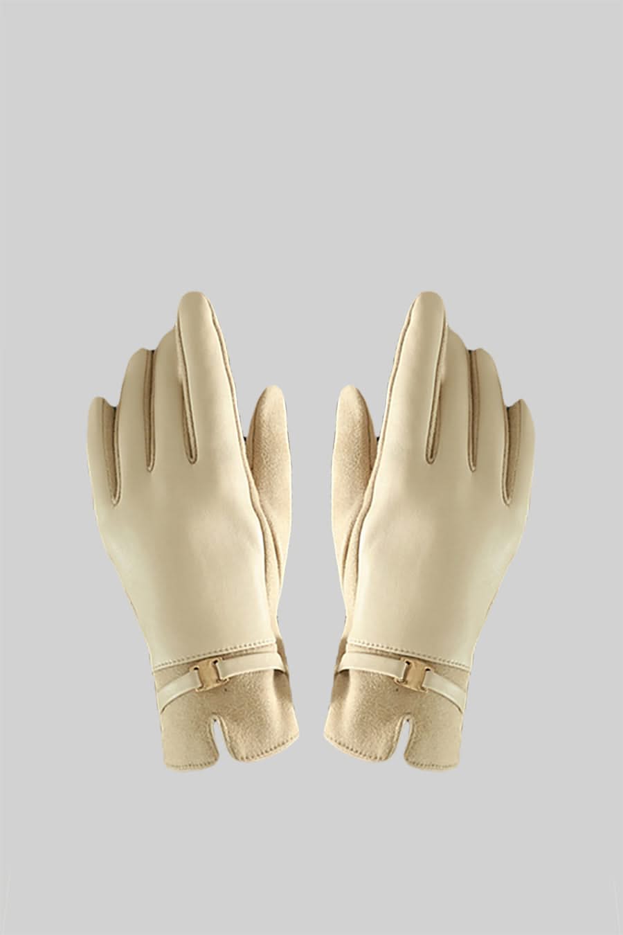 Vegan Leather And Suede Gloves With Gold Buckle Detail - Beige