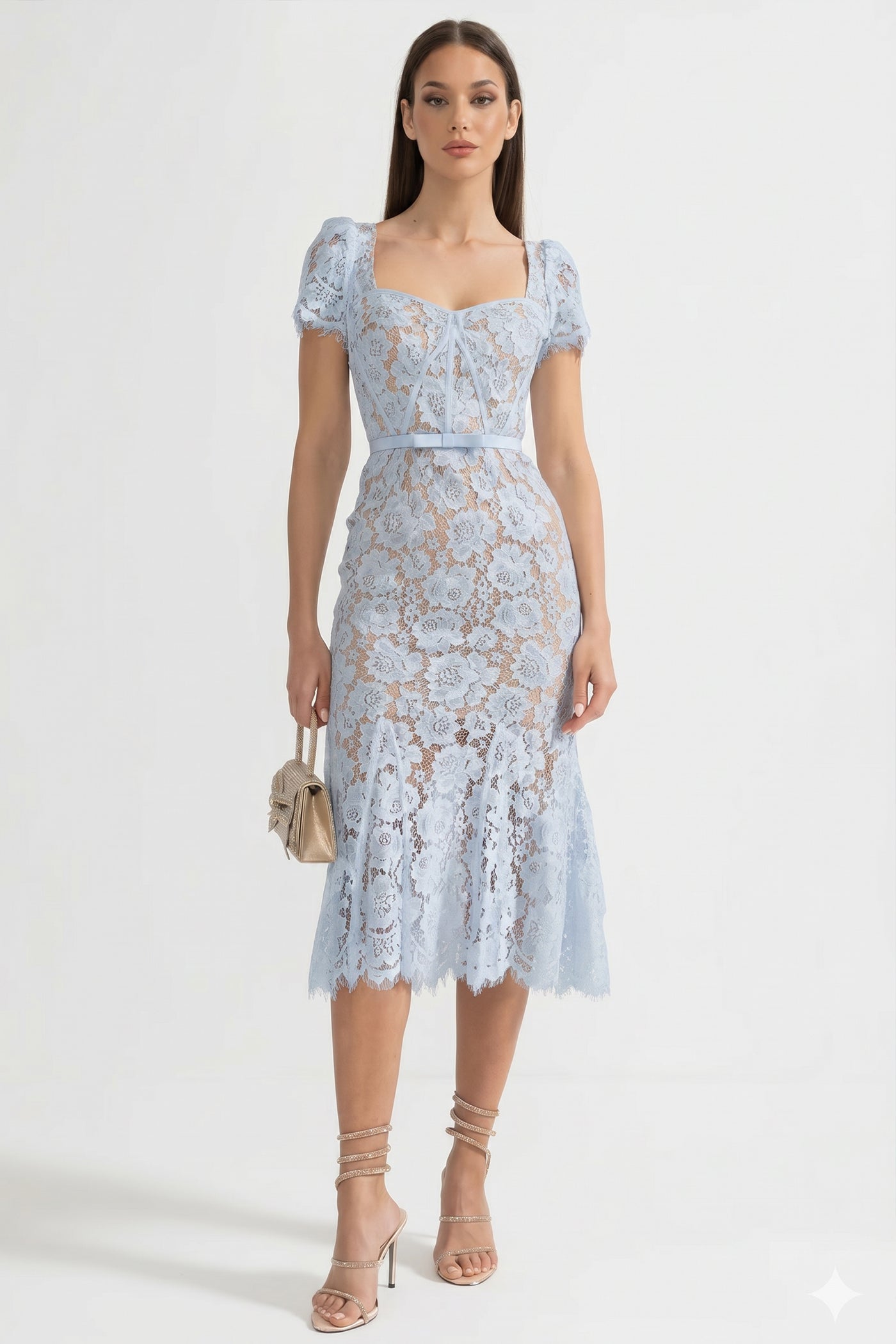 Short Sleeved Lace Dress With Delicate Matching Waist Belt - Blue