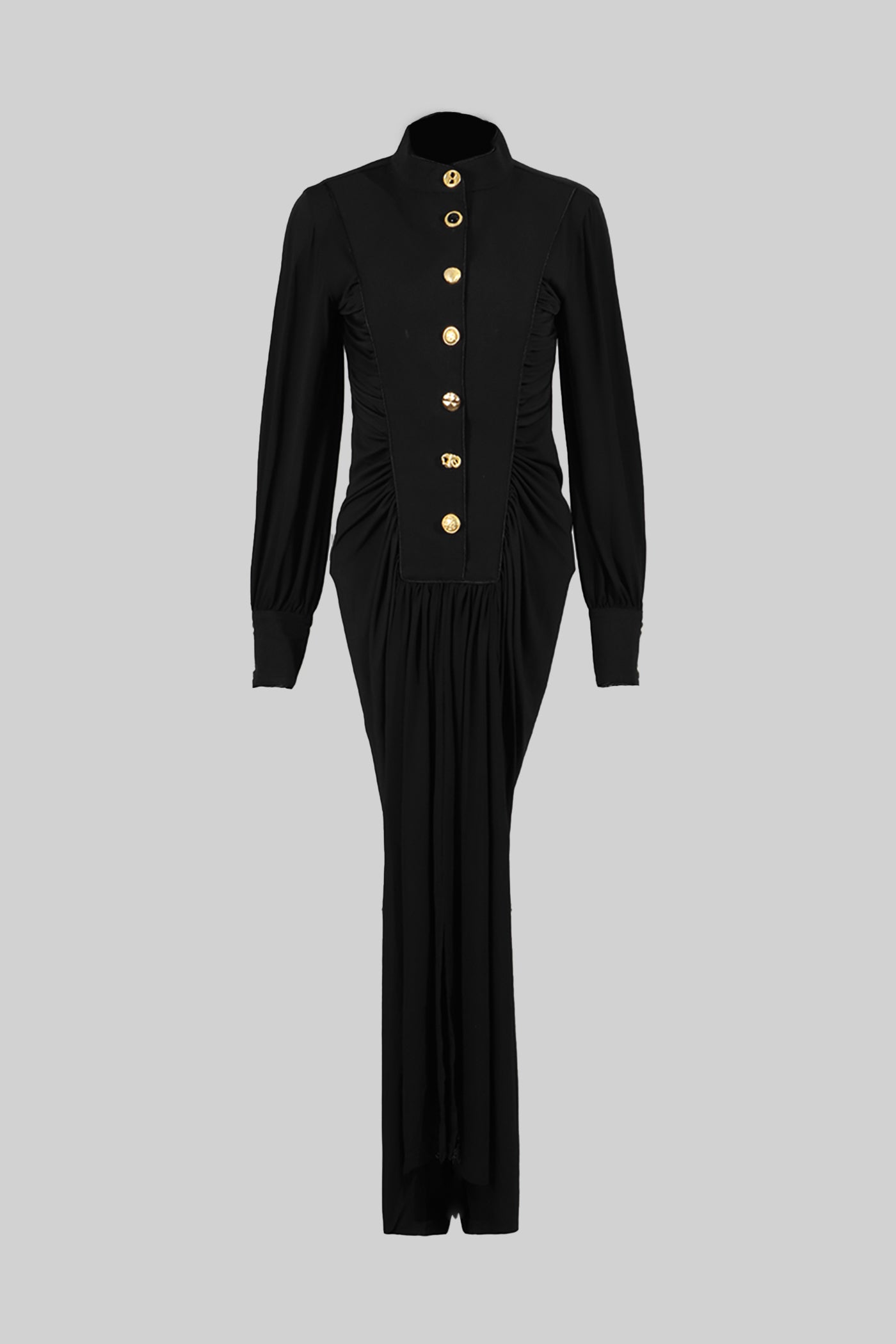 Velvet Maxi Dress with Gold Statement Buttons - Black