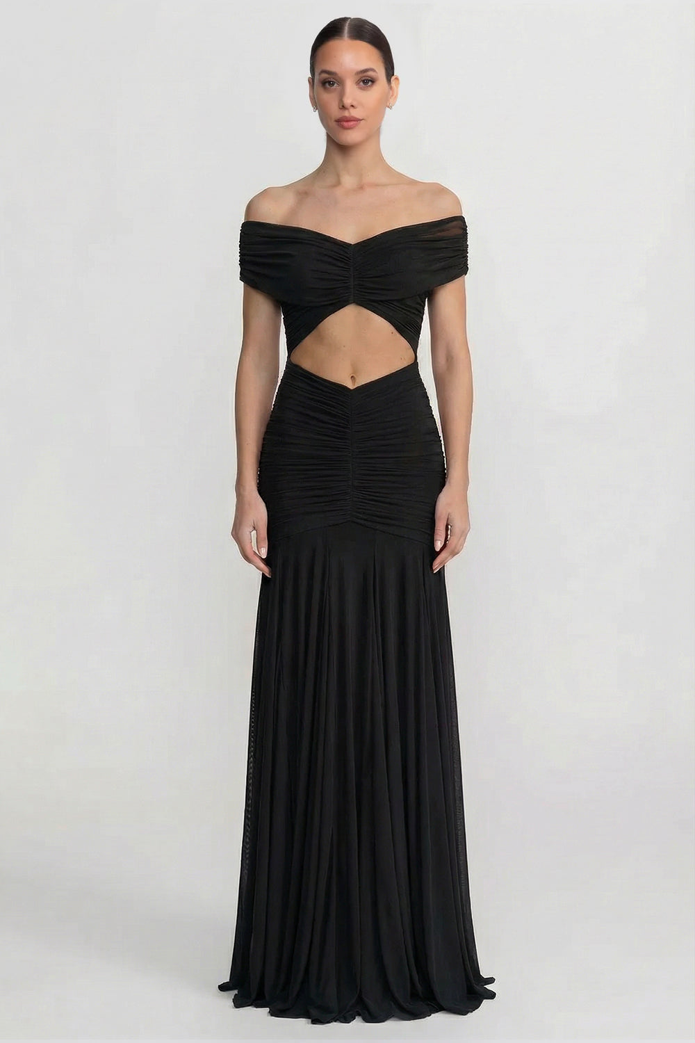 Ruched Off-The-Shoulder Maxi Dress With Cut-Out Waist - Black