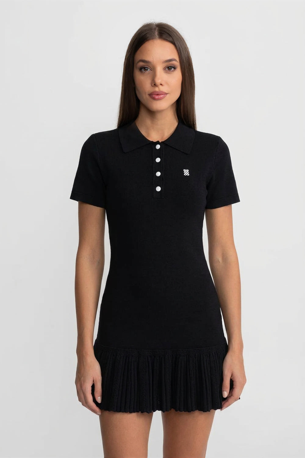 Short Sleeve Polo Mini Dress With Pleated Ruffle Hem - Black