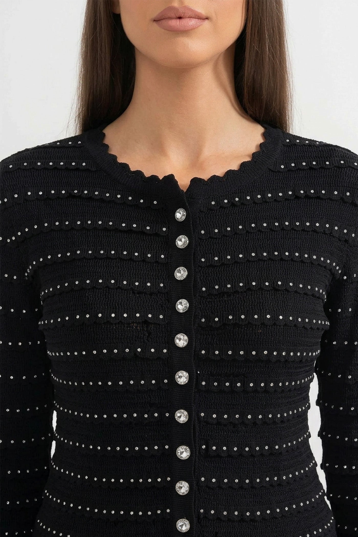 Knit Co-Ord Set With Pointelle Stripe Texture And Sparkling Embellishments - Black