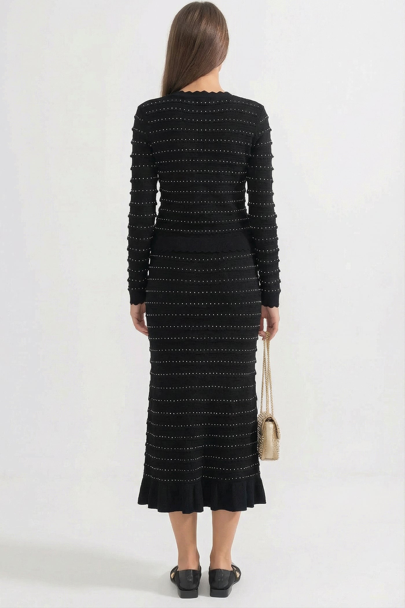 Knit Co-Ord Set With Pointelle Stripe Texture And Sparkling Embellishments - Black