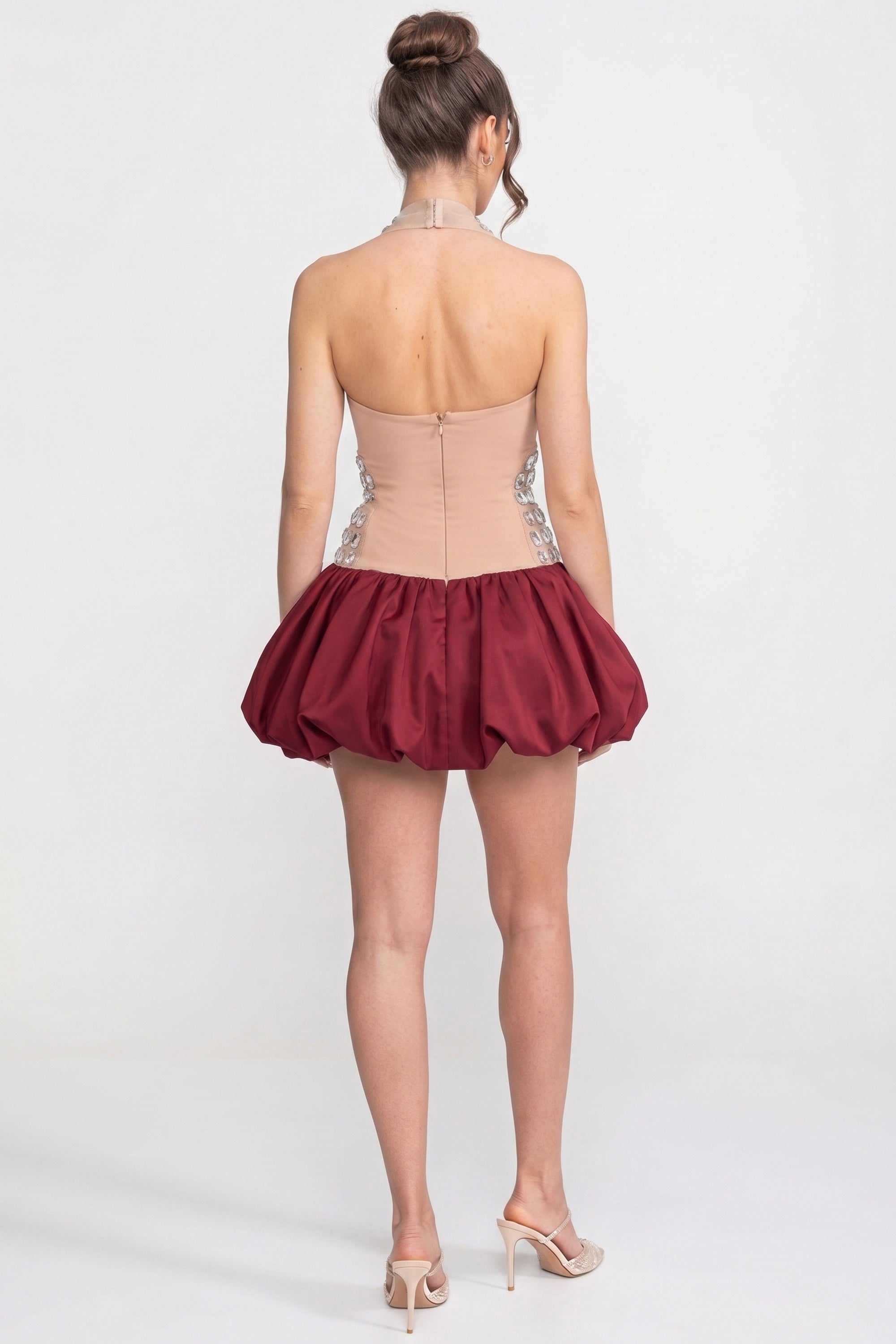 Crystal-Embellished Halter Mini Dress With Bubble Skirt - Red