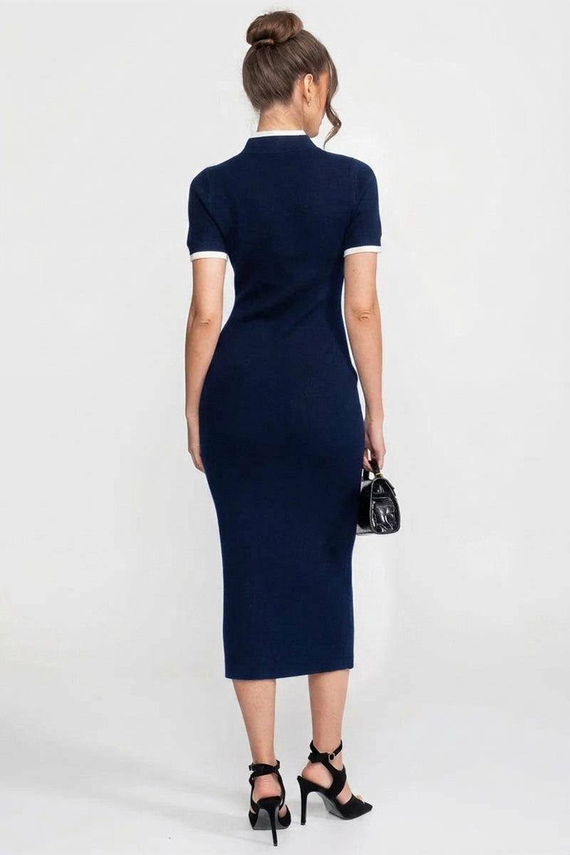 Ribbed Knit Midi Dress With Contrast Trim And Decorative Pockets - Navy