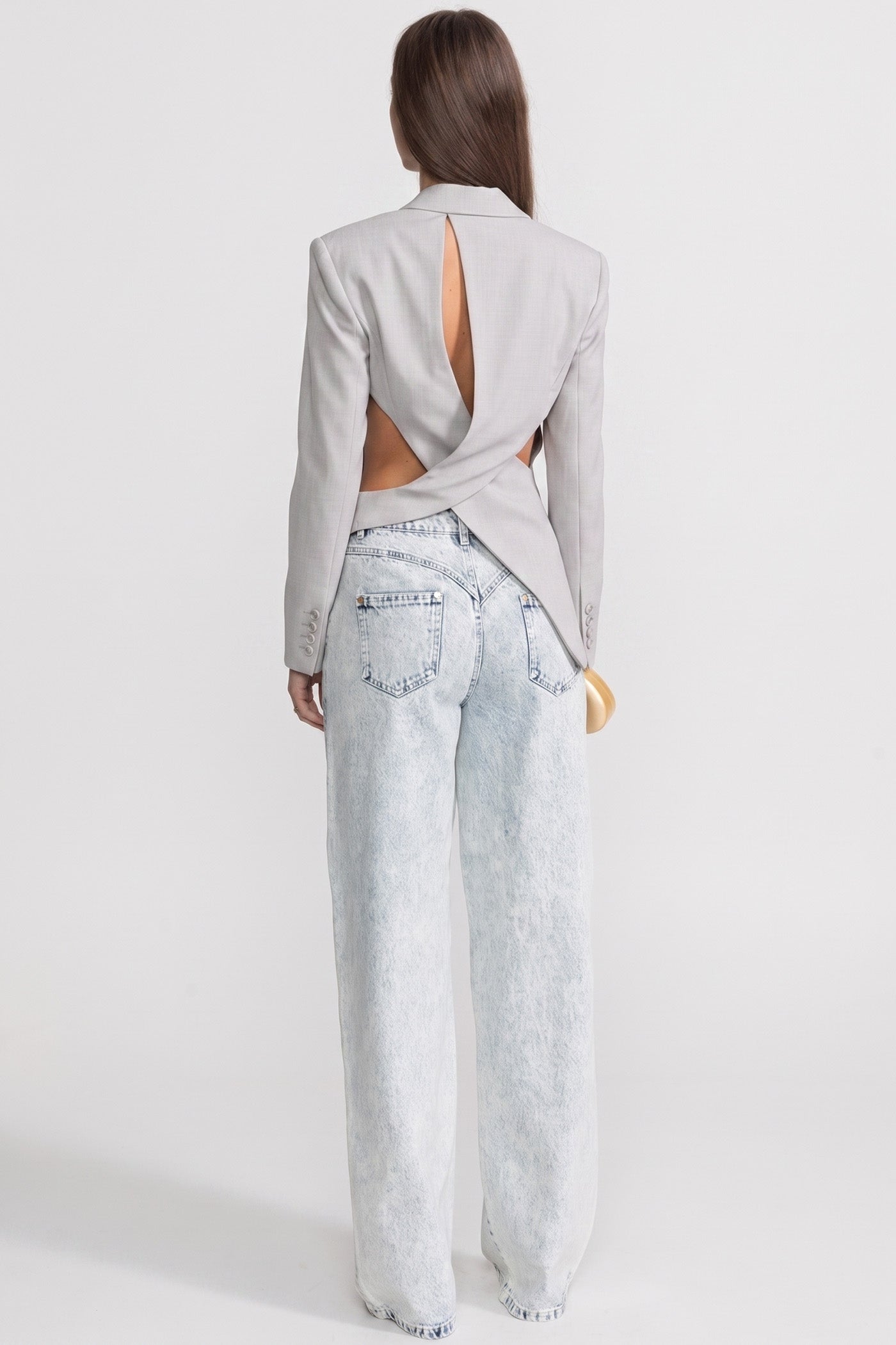 Asymmetric Cut-Out Blazer with Belt Detail - Light Gray