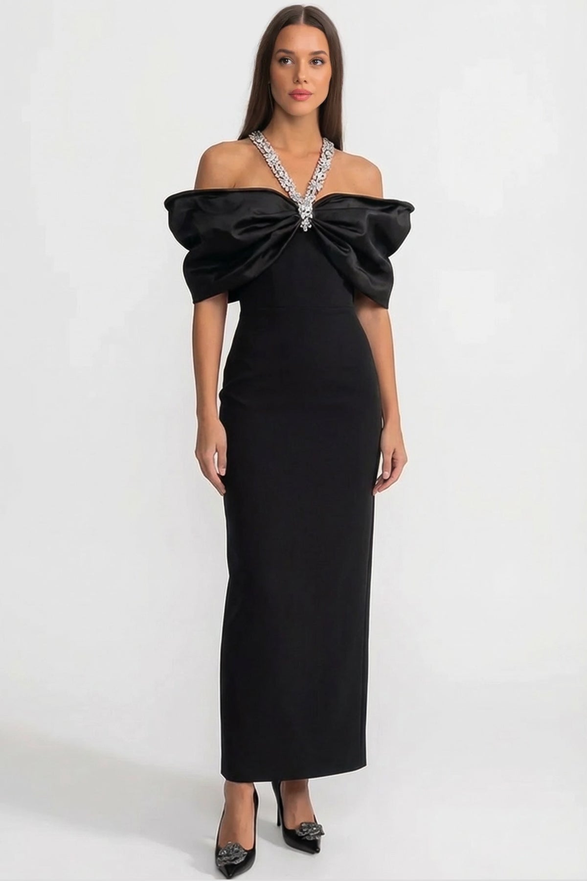 white christmas dresses Embellished Bow-Neck Maxi Dress with Crystal Straps – Black