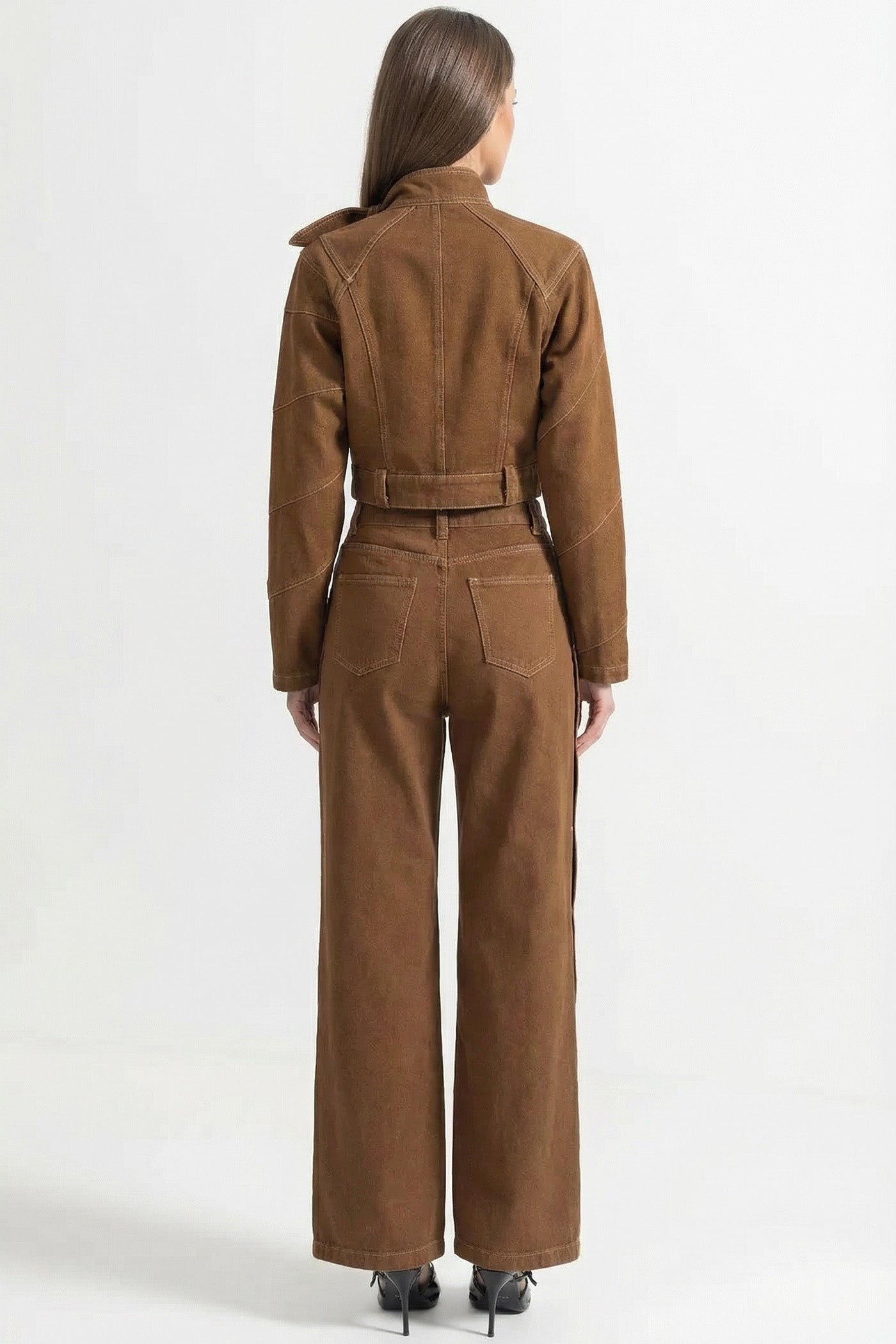 Suede Co-Ord Set With Tie-Neck Cropped Jacket And Wide-Leg Trousers - Brown