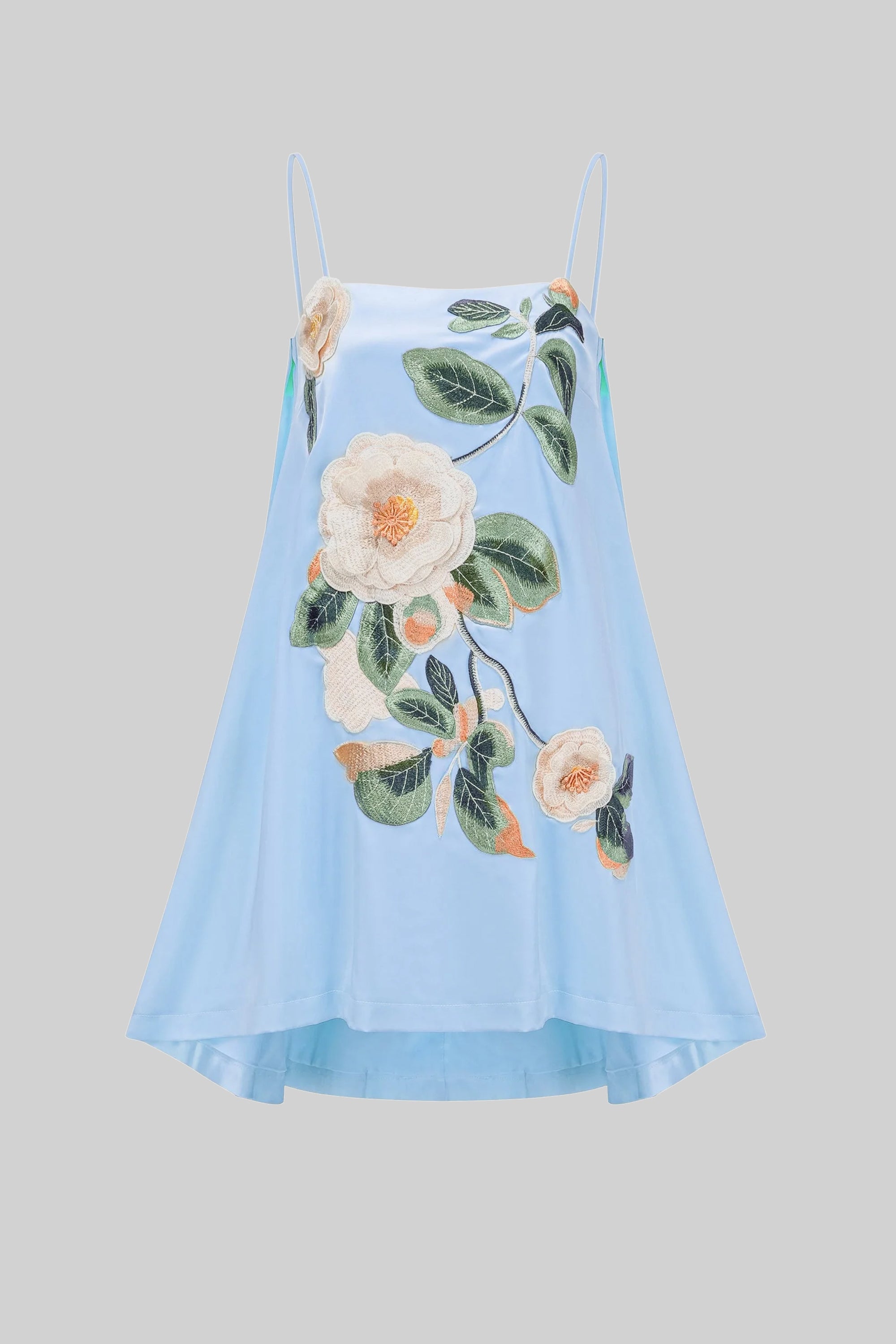 Spaghetti-Strap Mini Dress With 3D Floral Appliqué And A-Line Skirt - Blue