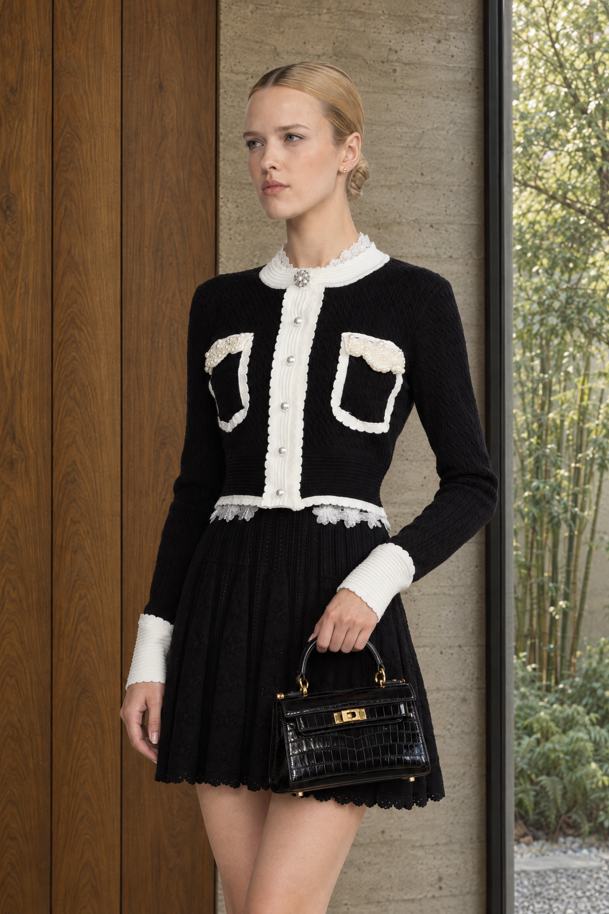 Pearl Embellished Contrast Trim Cable Knit Cropped Cardigan - Black