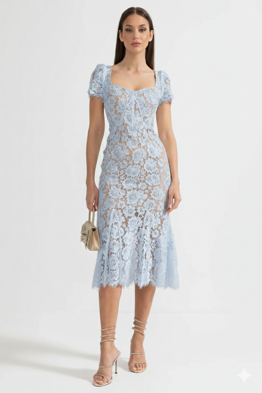 Short Sleeved Lace Dress With Delicate Matching Waist Belt - Blue Short Sleeved Lace Dress With Delicate Matching Waist Belt - Blue