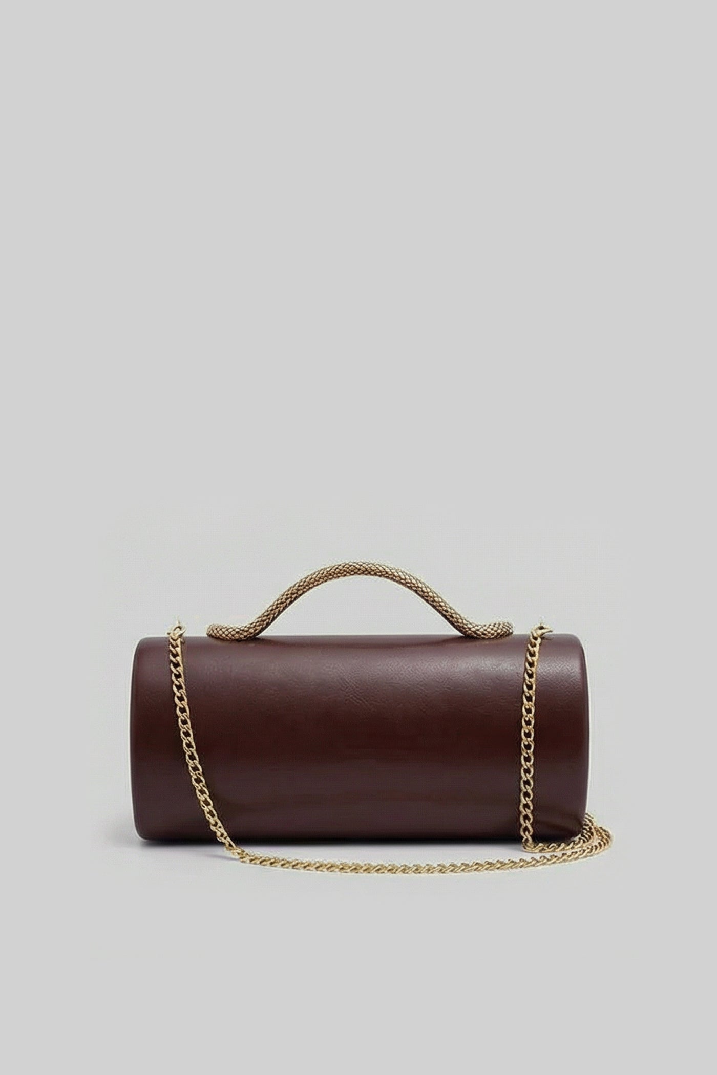 Structured Clutch Bag with Snake Handle And Gold Chain – Brown