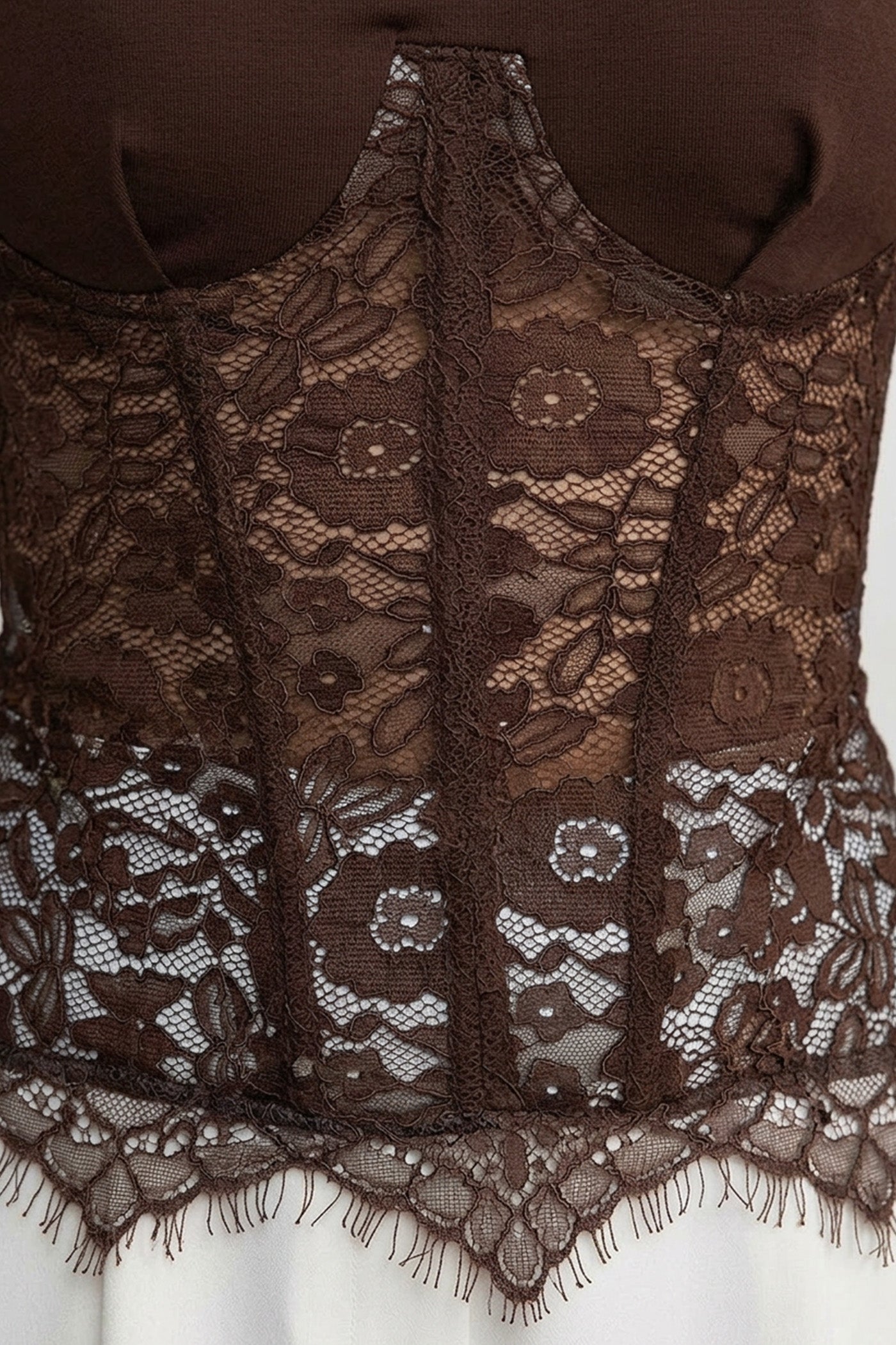 Short Sleeve Top With Lace Corset Overlay - Brown