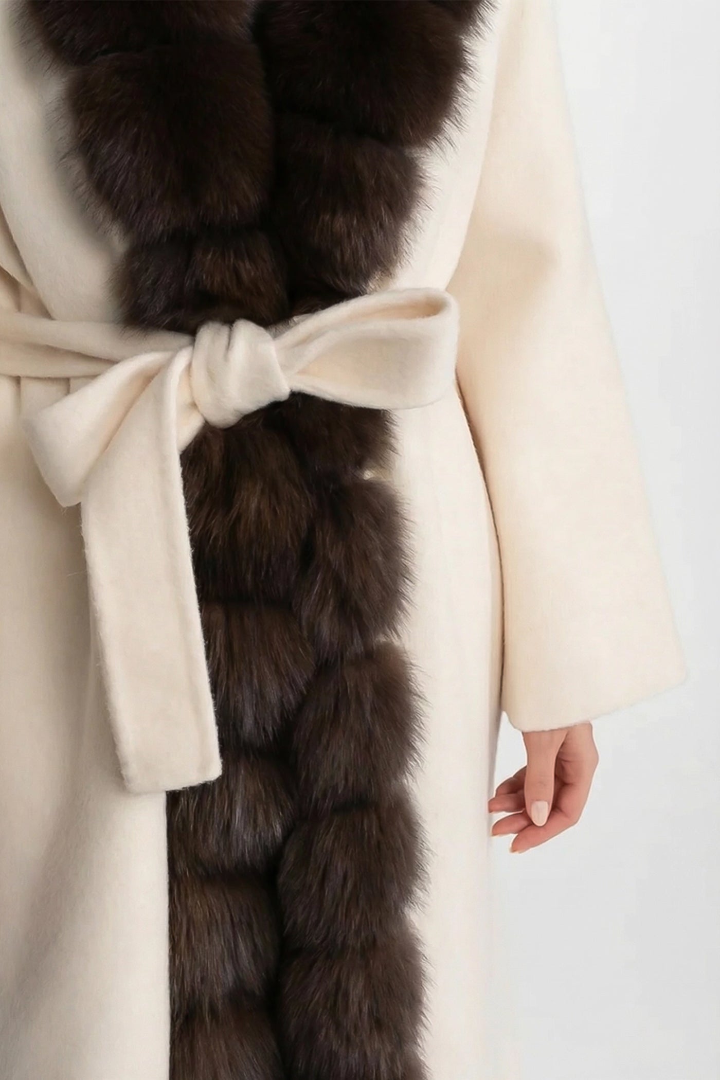 Wool Long Coat with Fox Fur Front – Ivoire/Brown