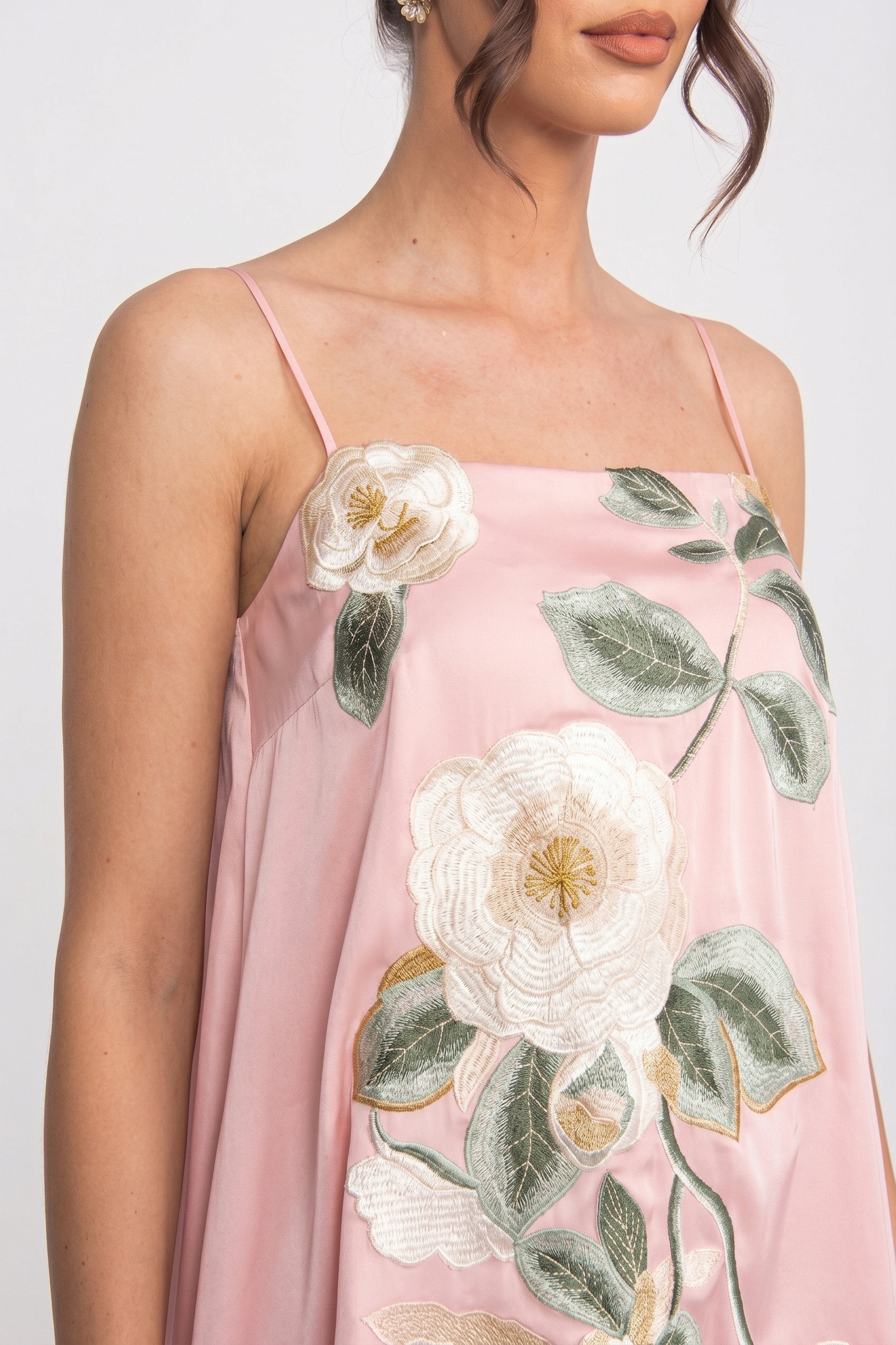 Spaghetti-Strap Mini Dress With 3D Floral Appliqué And A-Line Skirt - Pink