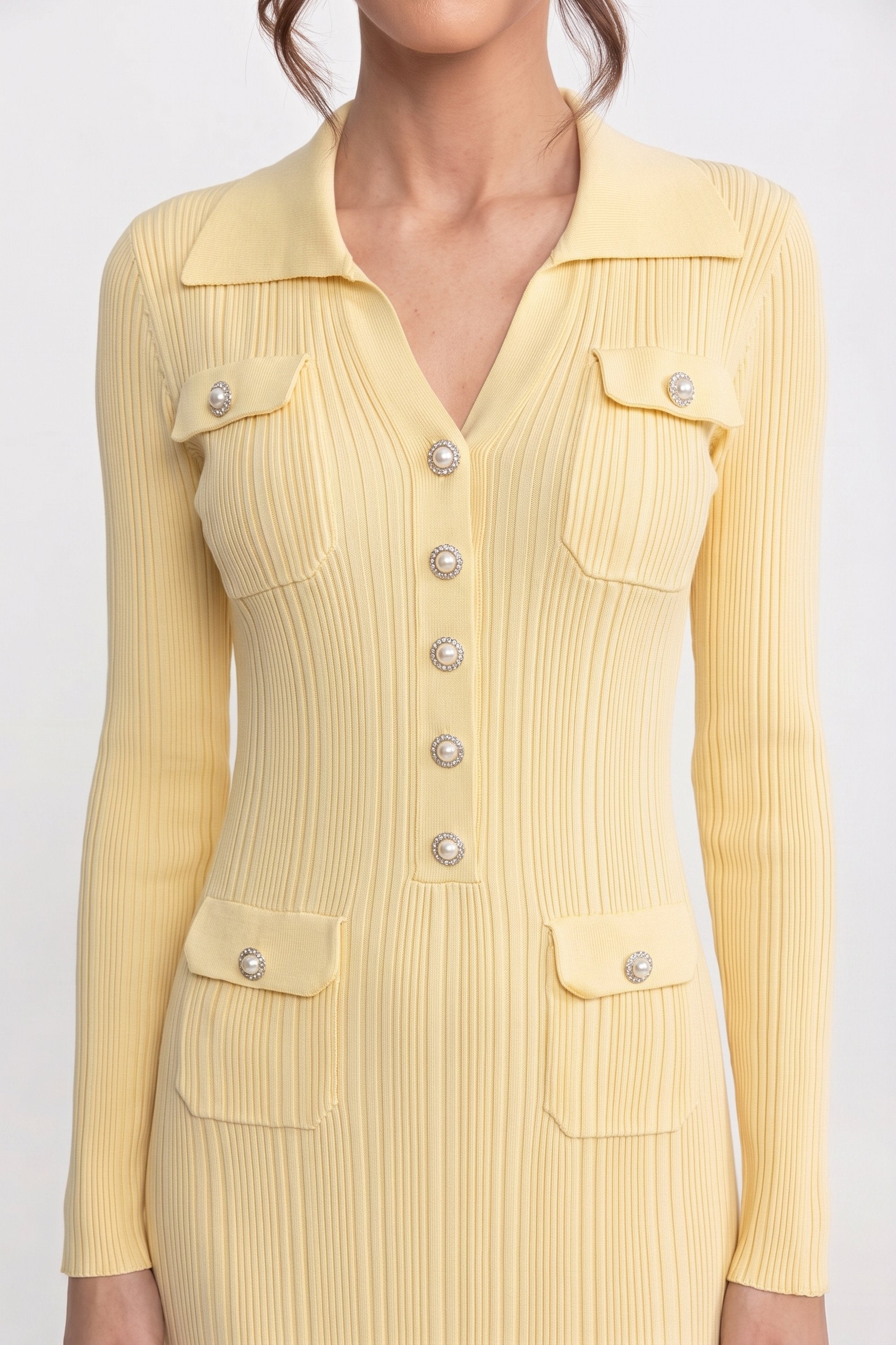 Long-Sleeve Button-Front Knit Maxi Dress With Patch Pockets - Yellow