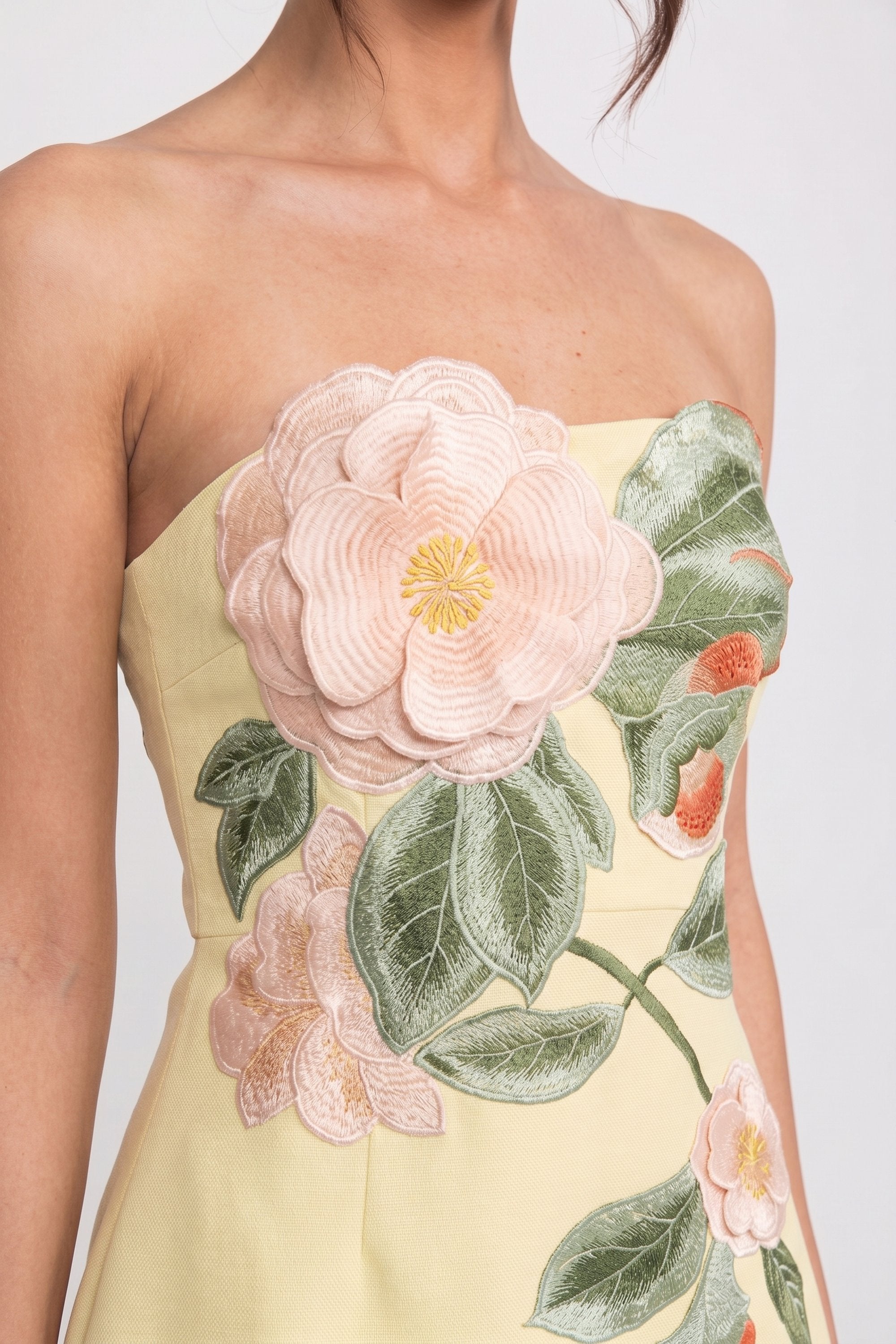 Strapless Mini Dress With 3D Camellia Floral Appliqué - Yellow
