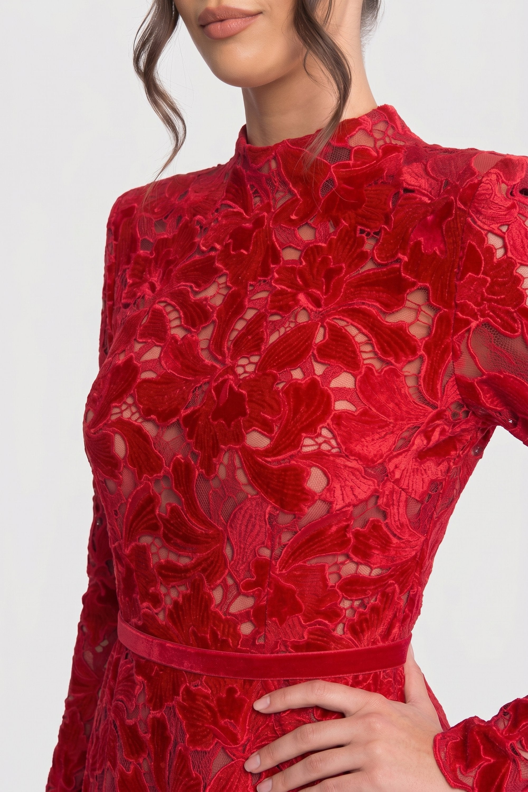 Long-Sleeve Lace Mini Dress With High Neck And Scalloped Hem - Red