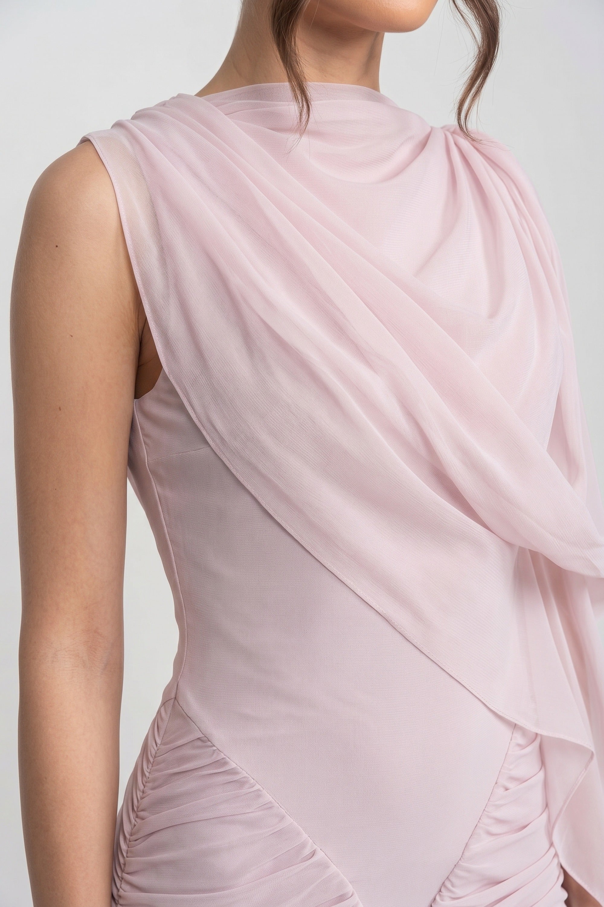 One-Shoulder Draped Maxi Dress With Sheer Scarf Detail - Pink