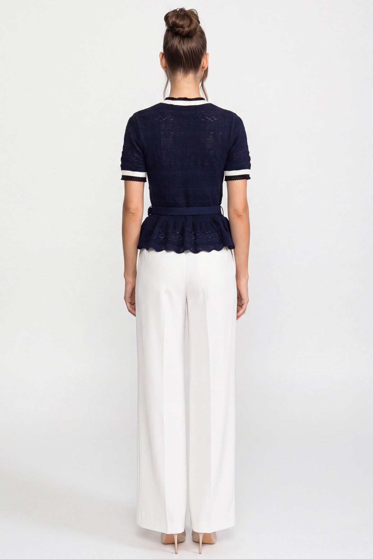 Peplum Knit Top With Contrast Sailor Collar And Pearl Buttons - Navy